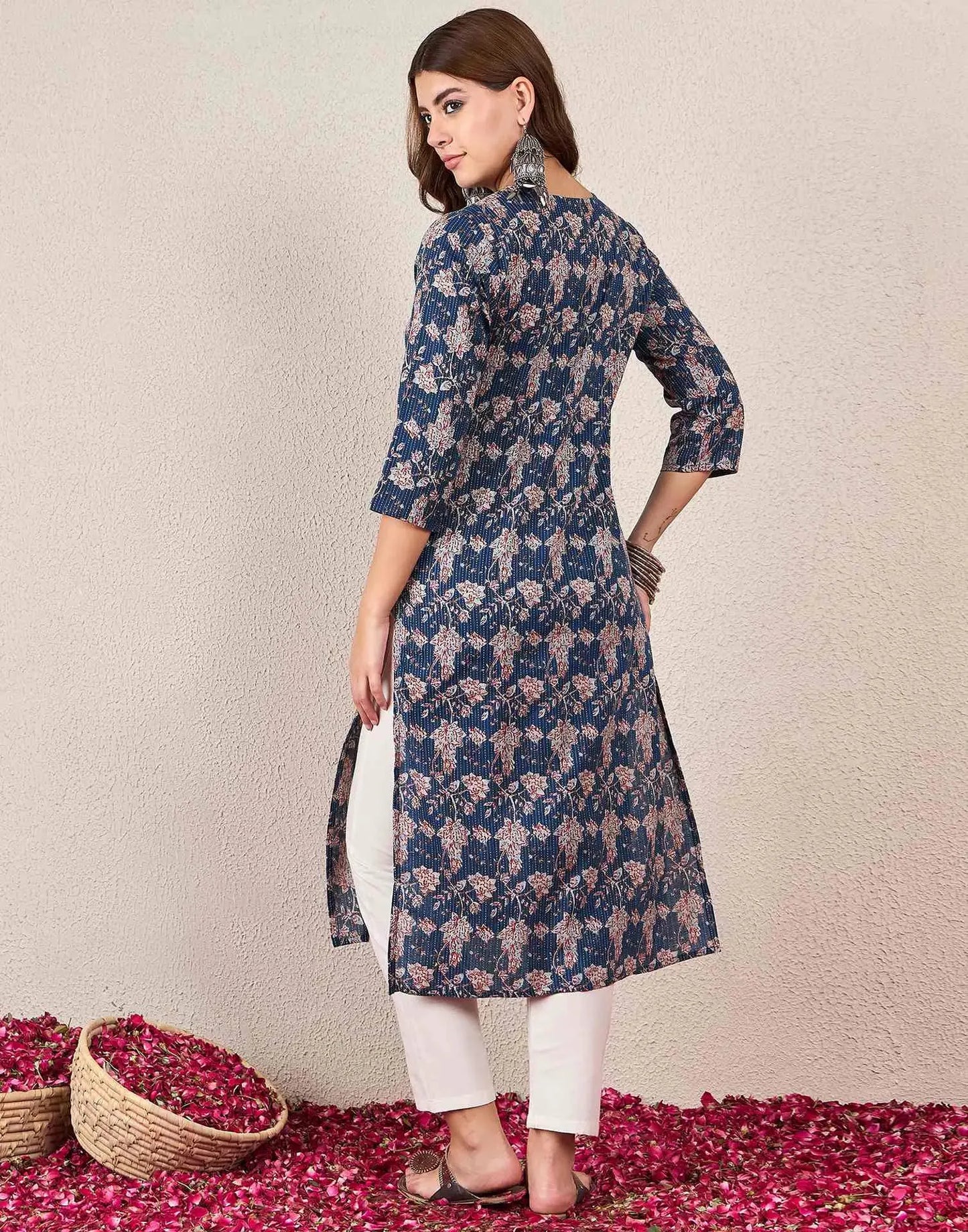 Cotton Embroidered Straight V-Neck Kurti