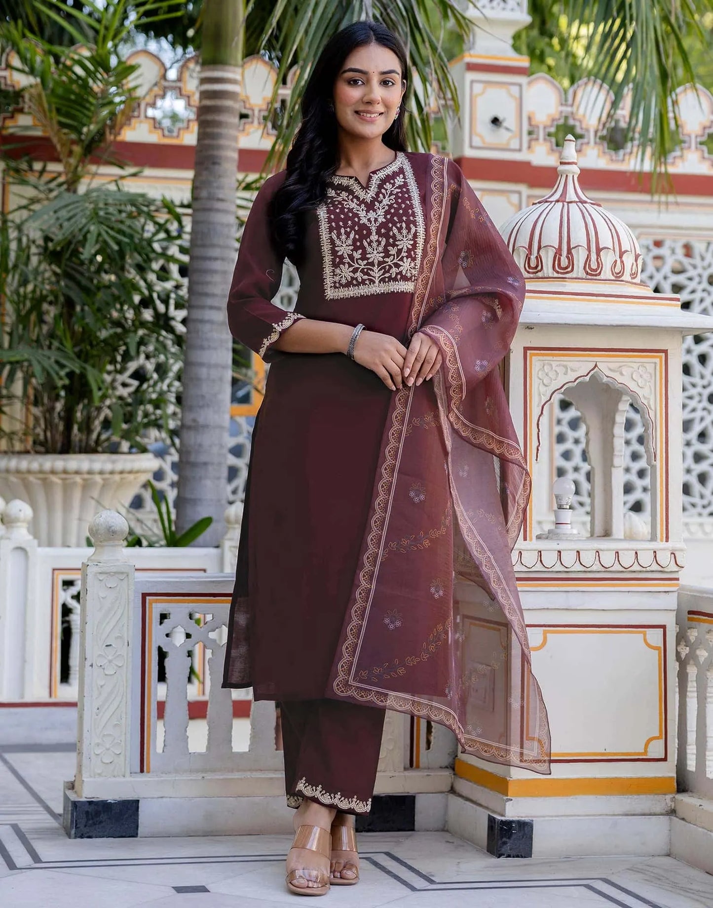 Skylee Brown silk straight kurta set with embroidery and sequins work with pant and dupatta