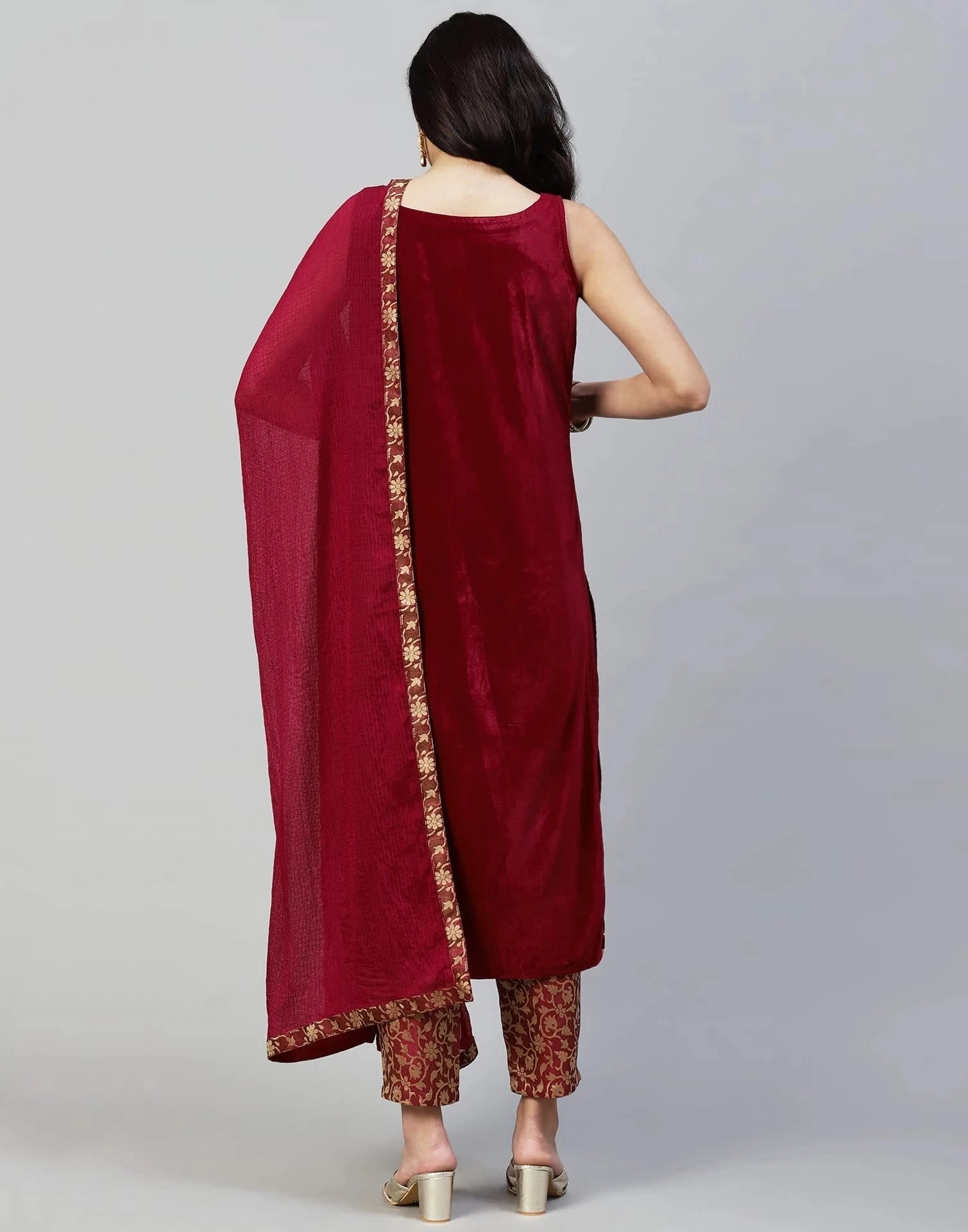 Maroon Velvet Straight Kurta Set with Pants & Dupatta under 1000