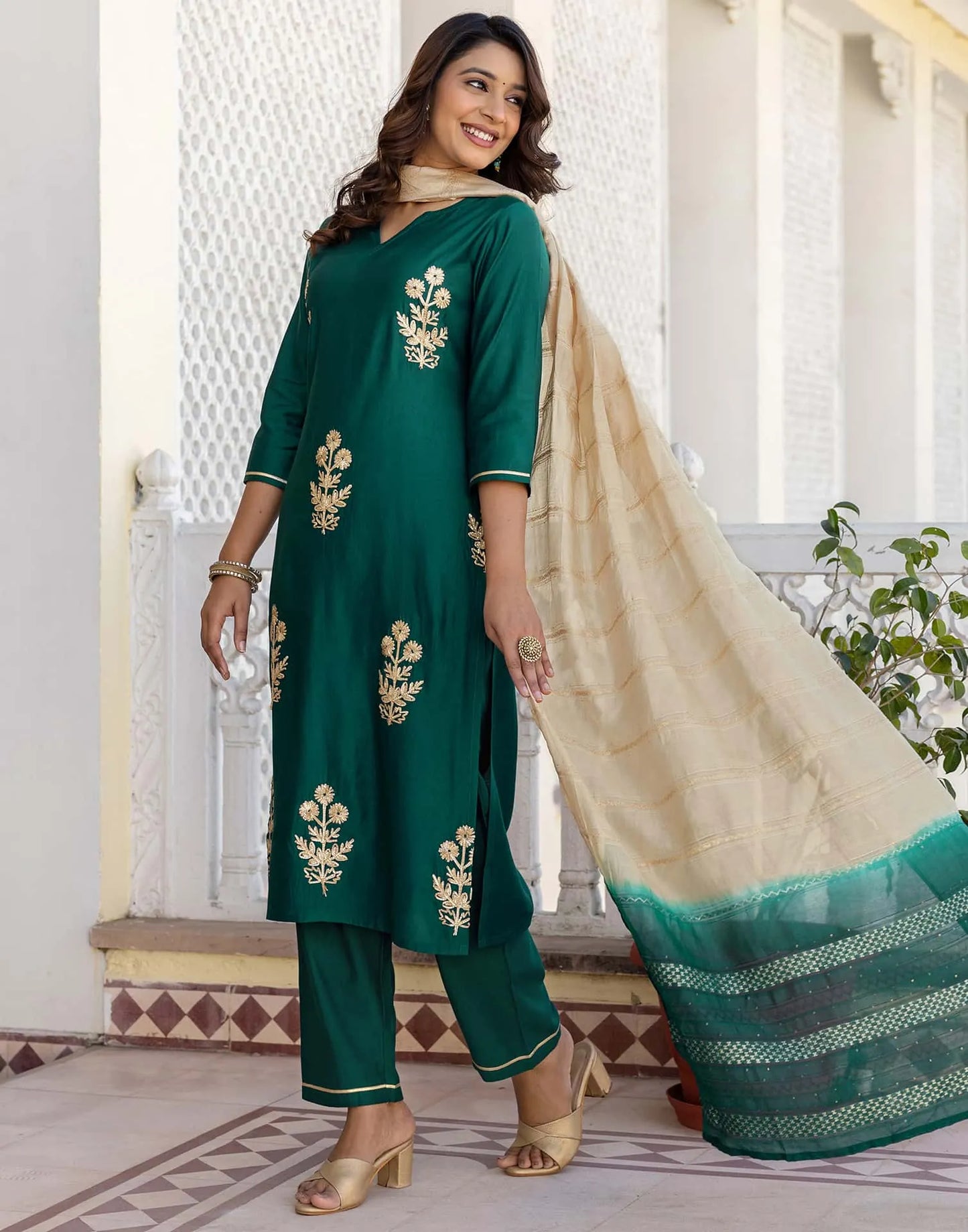 Green Cotton Printed Straight Kurta Set with Pant & Dupatta for Women