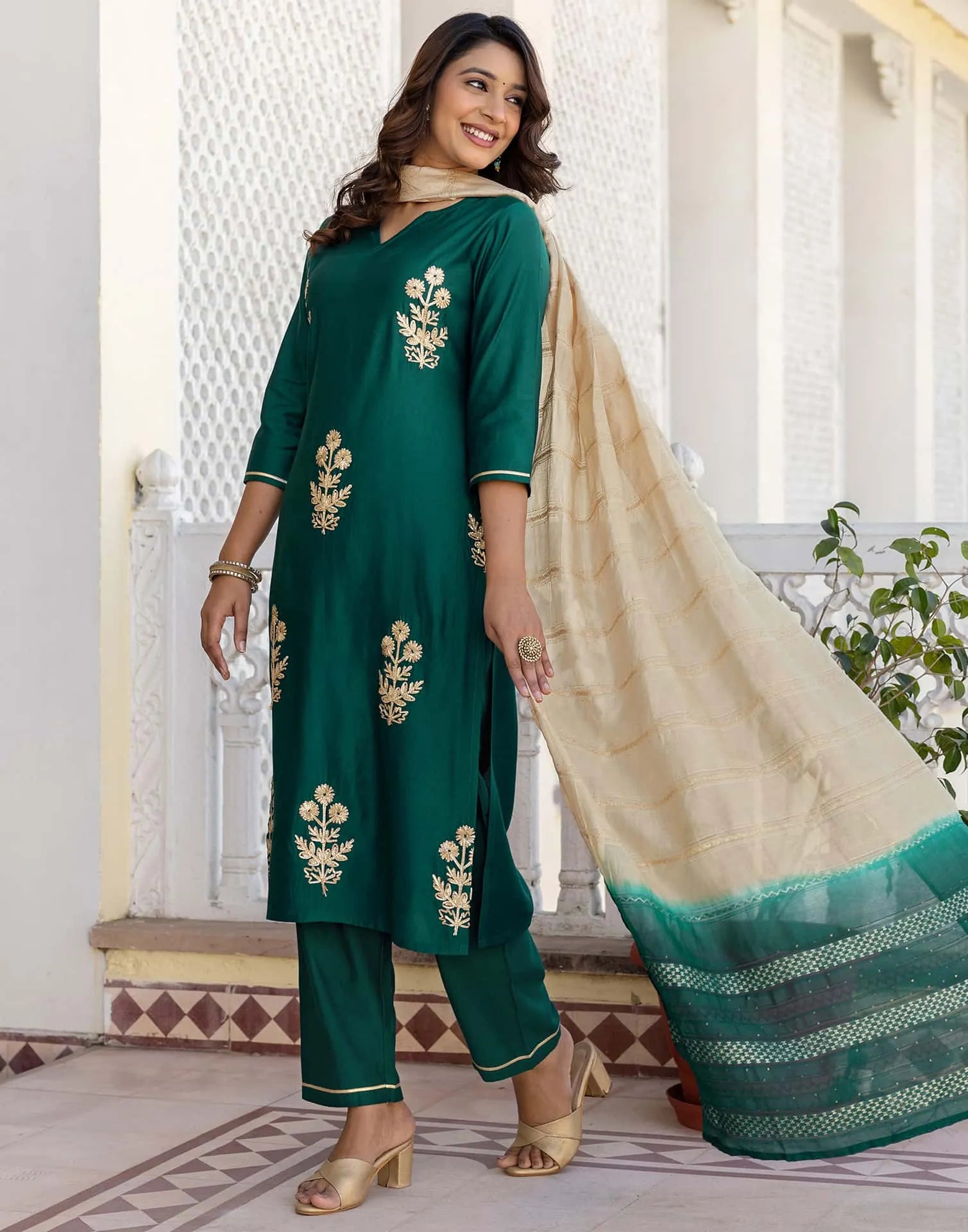 Green Cotton Printed Straight Kurta Set with Pant & Dupatta for Women