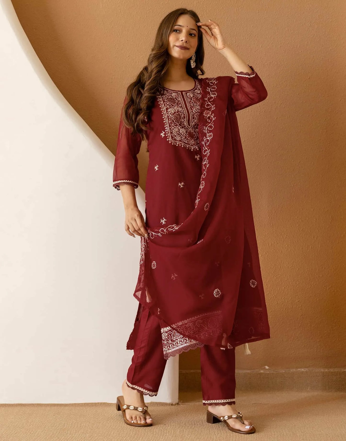 Maroon Silk Embroidered Straight Kurta Set with Pant & Dupatta for Women
