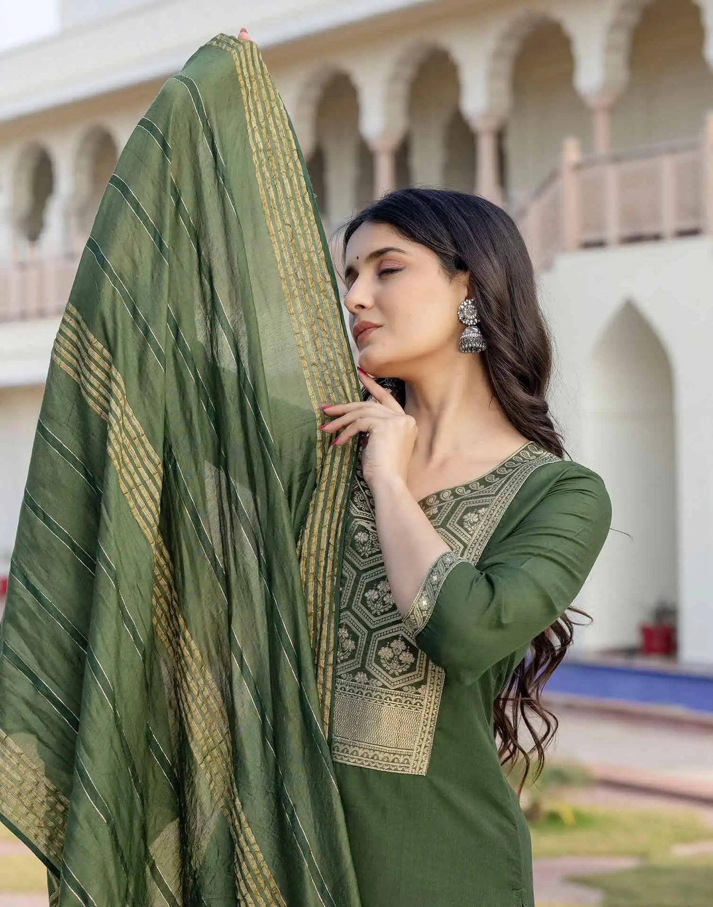 Silk Blend Weaving and Lace Straight Kurta with Pant & Dupatta