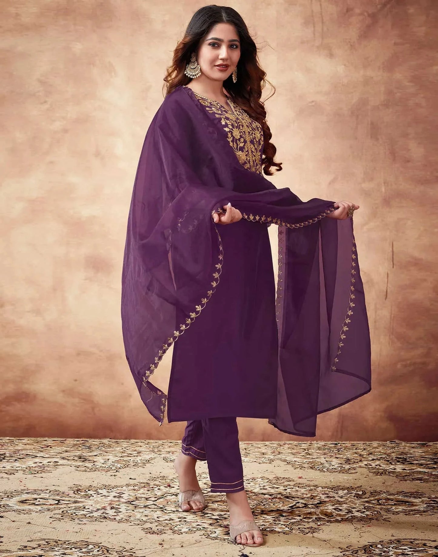 Wine V Neck Stylish Kurta Set Dupatta