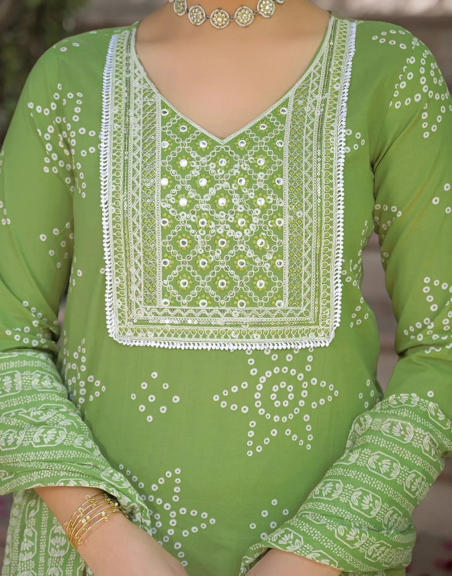 Cotton Embroidered V-Neck Straight Kurta with Pant & Dupatta