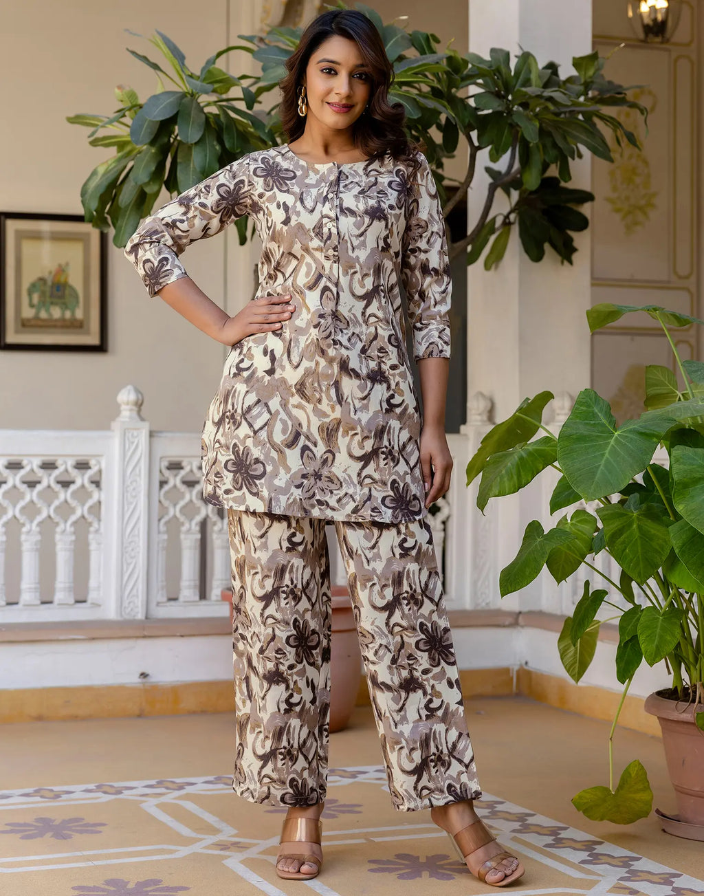 Cotton Blend Printed Boat Neck Co-ord Set