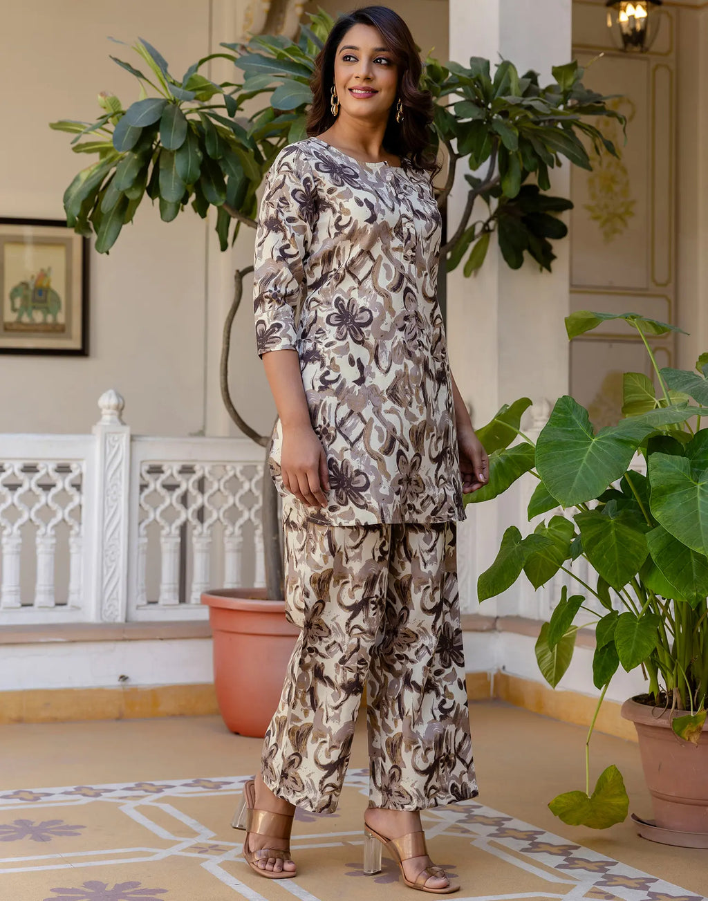 Cotton Blend Printed Boat Neck Co-ord Set
