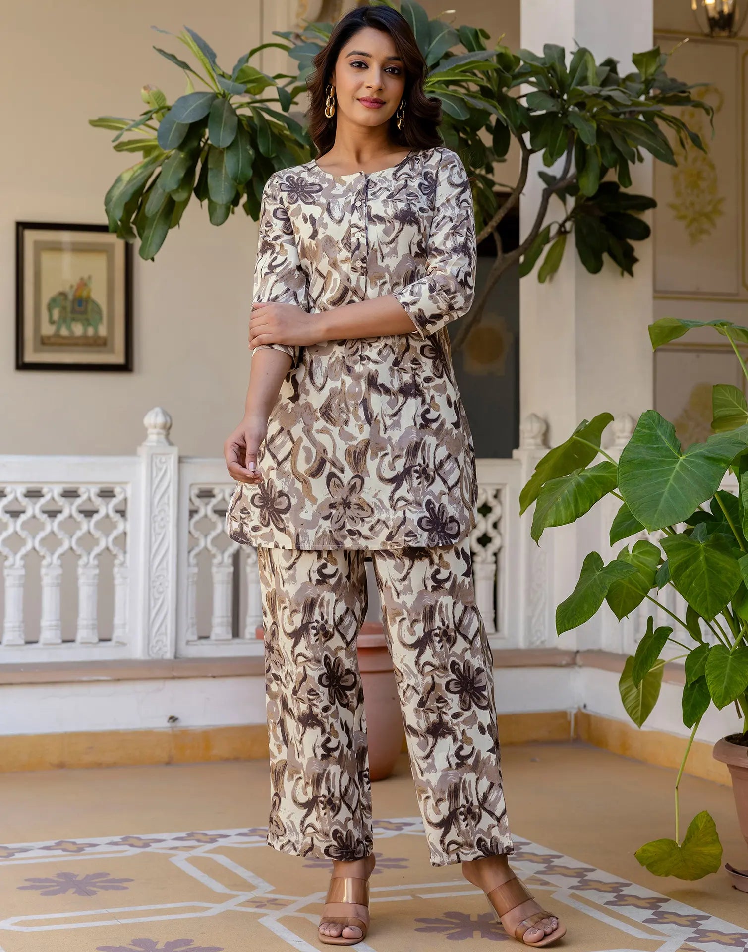 Cotton Blend Printed Boat Neck Co-ord Set