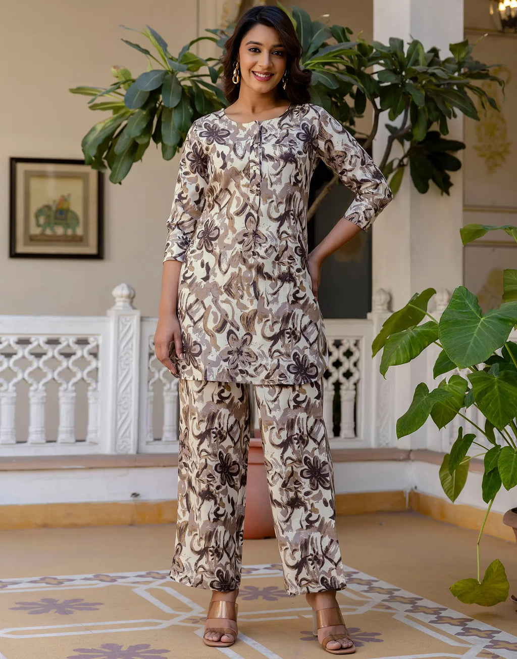 Cotton Blend Printed Boat Neck Co-ord Set