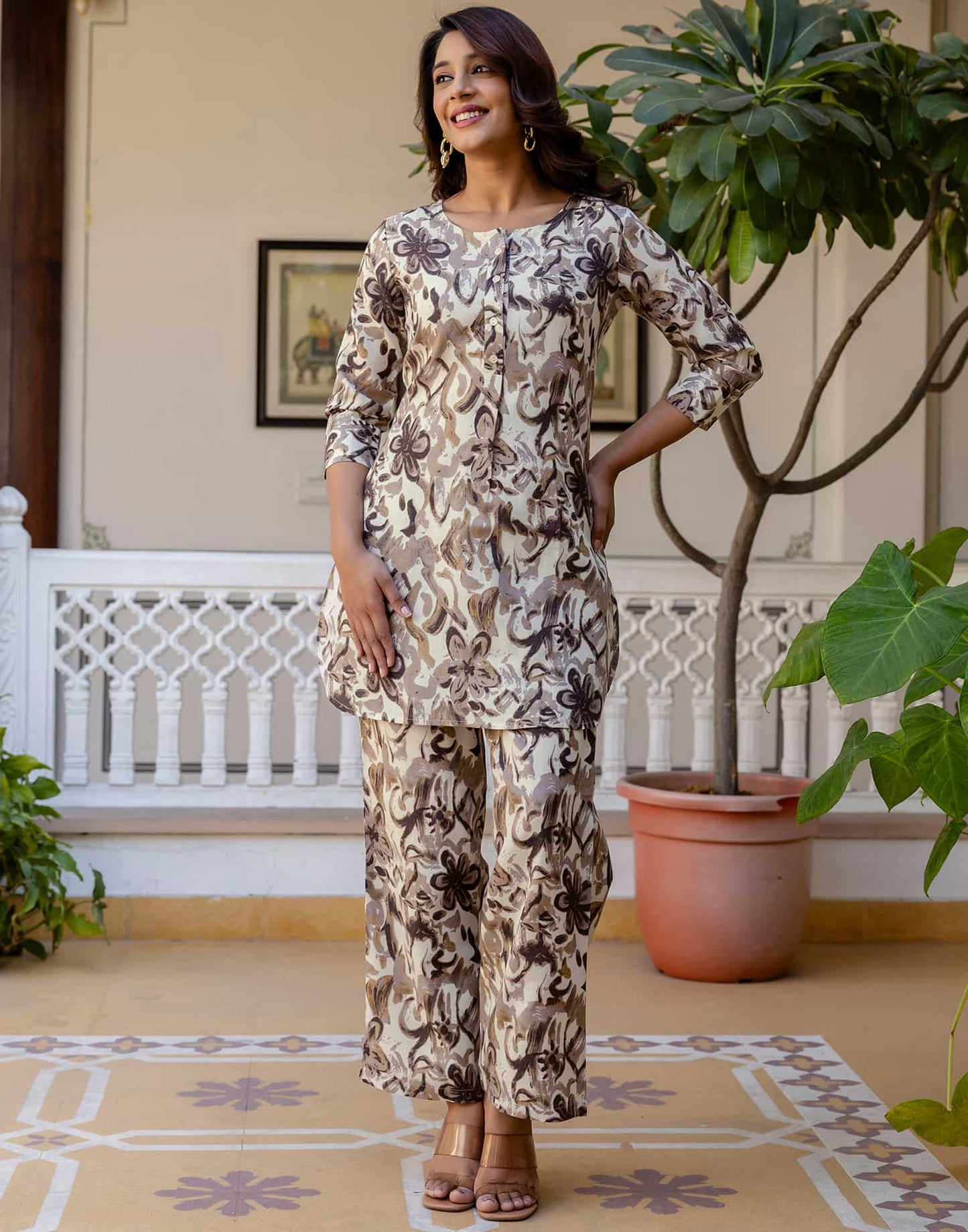 Cotton Blend Printed Boat Neck Co-ord Set