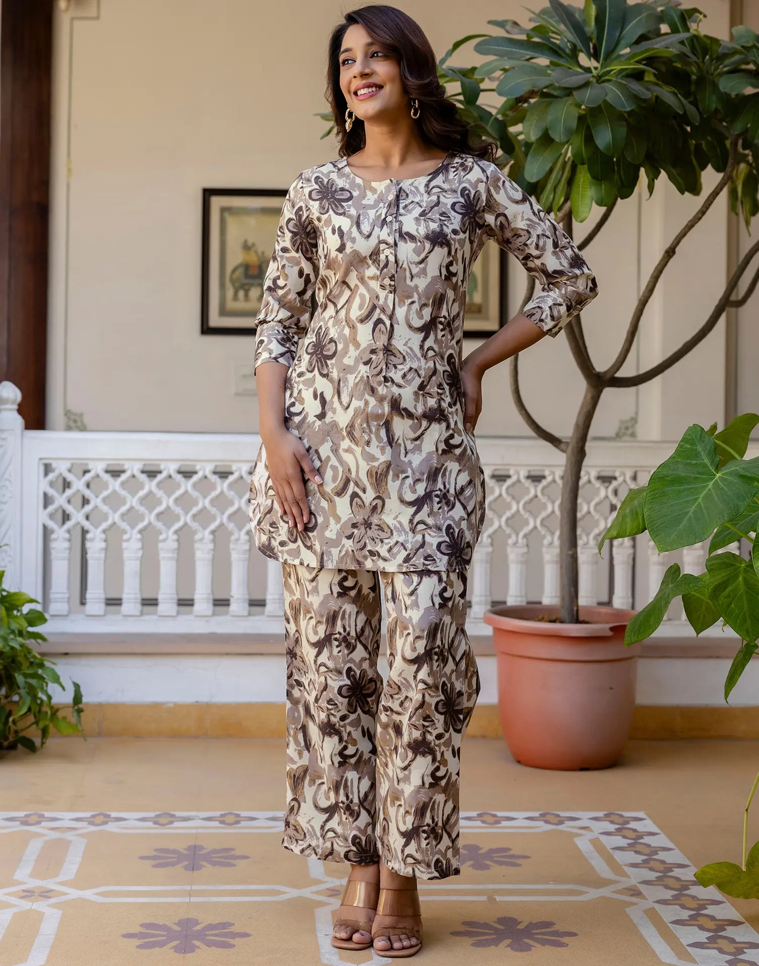Cotton Blend Printed Boat Neck Co-ord Set
