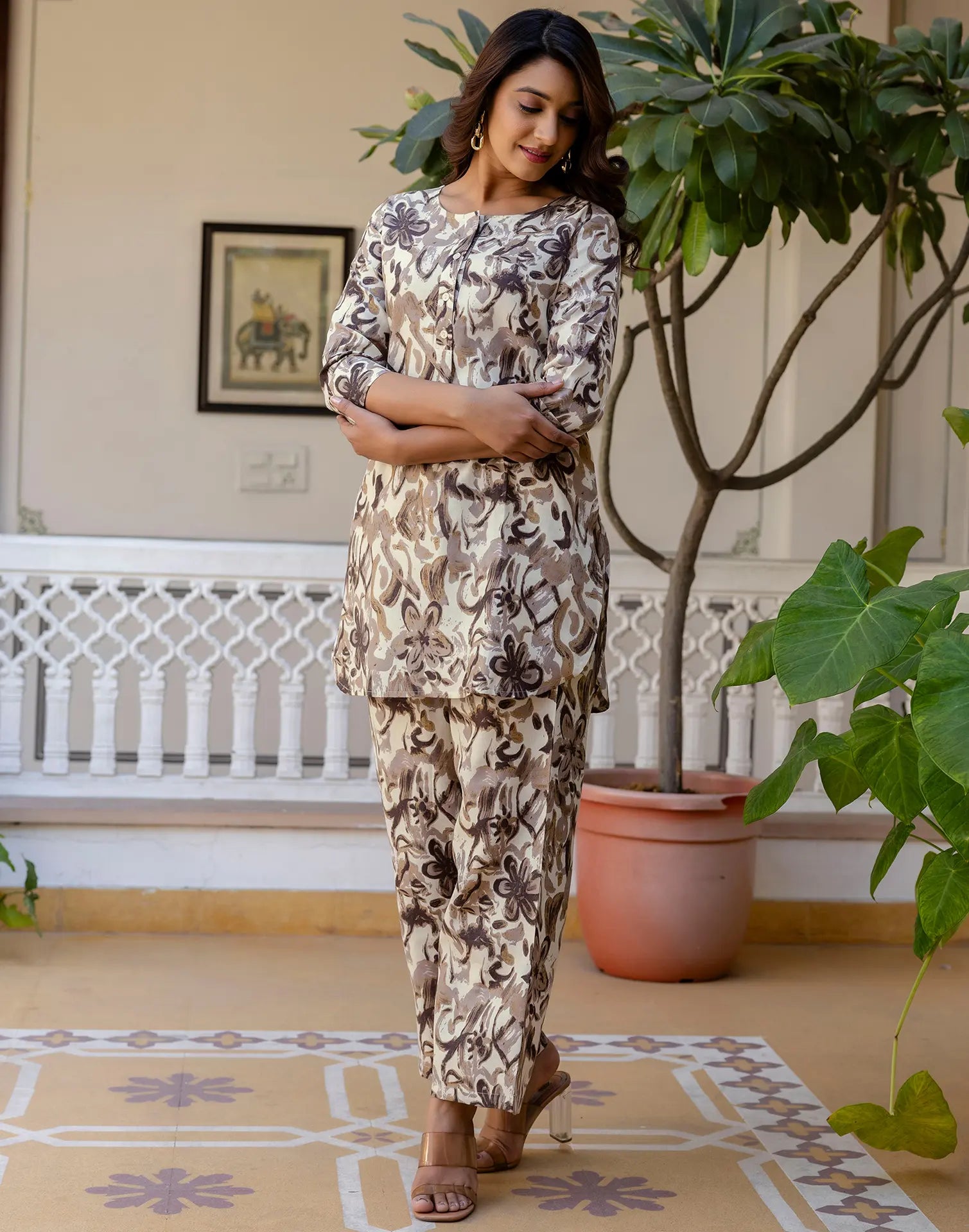 Cotton Blend Printed Boat Neck Co-ord Set