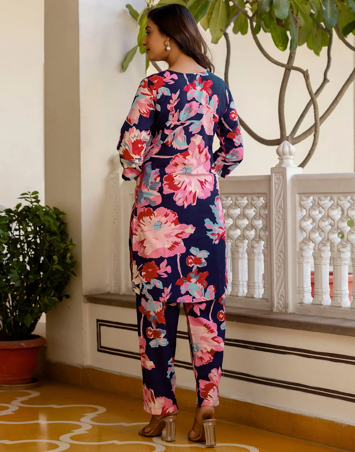 Cotton Blend Printed V-Neck Co-ord Set
