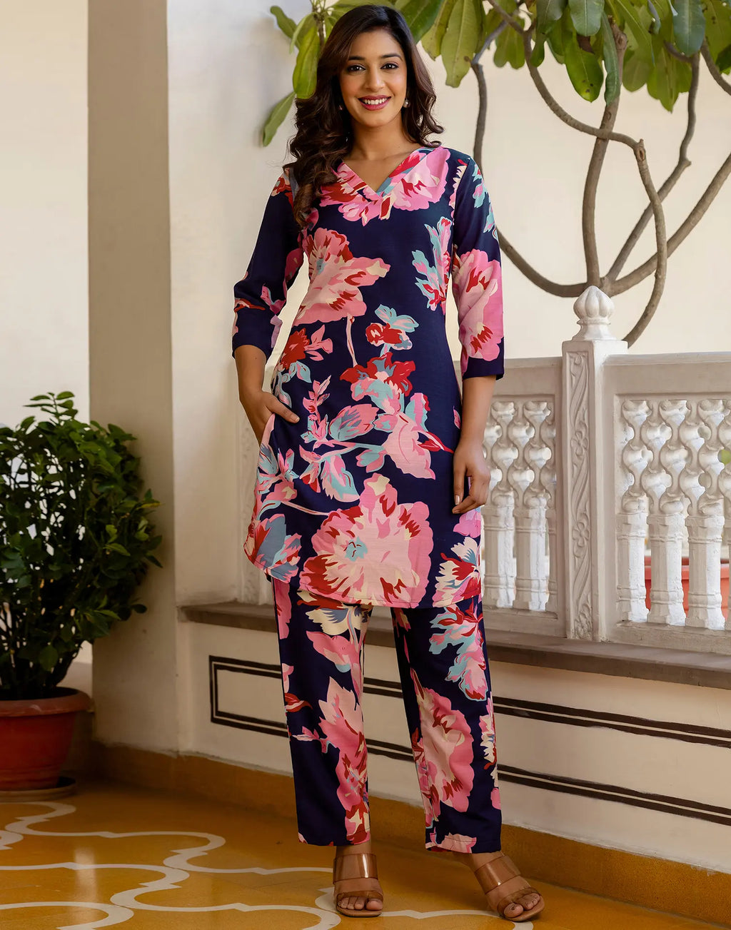 Cotton Blend Printed V-Neck Co-ord Set