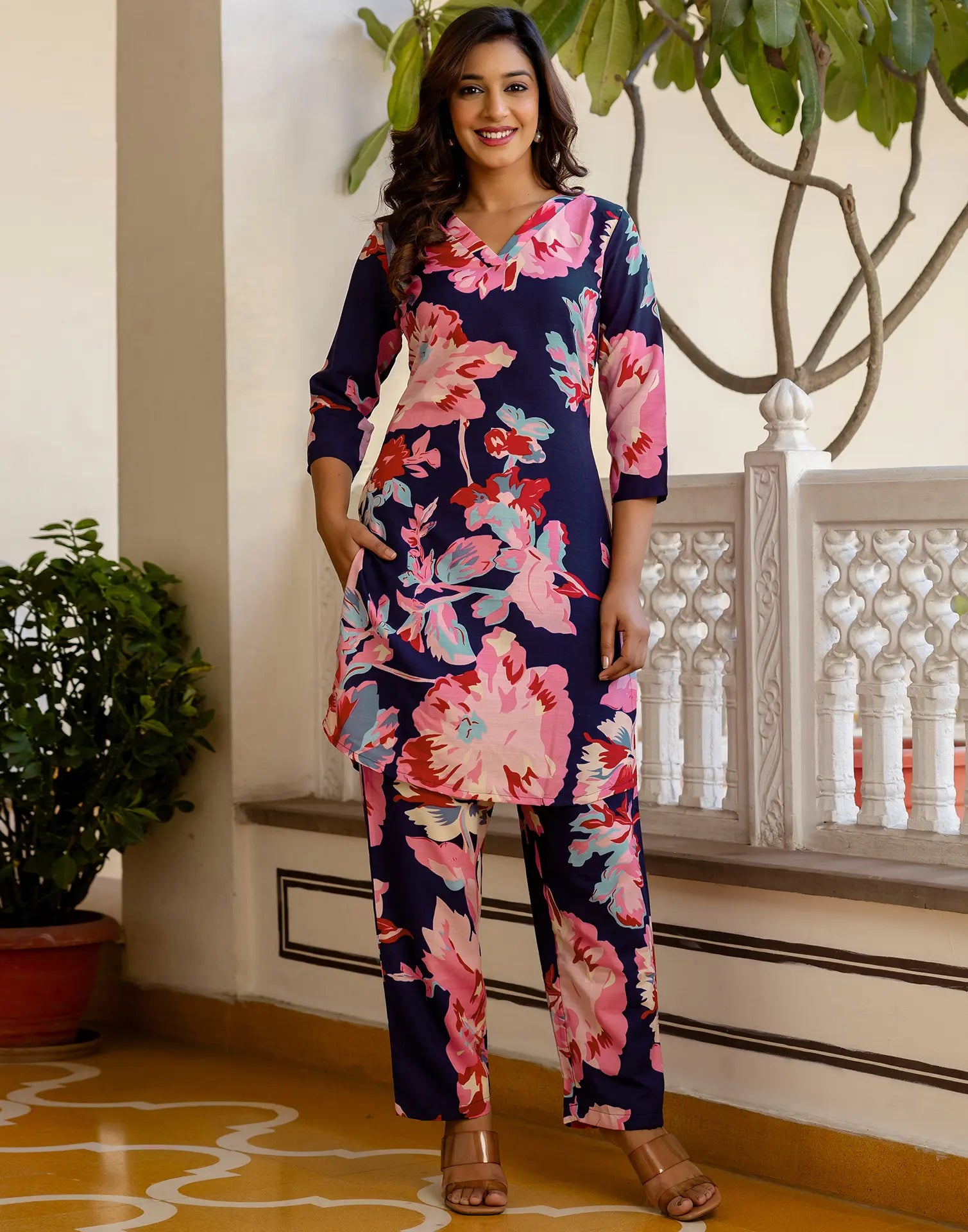Cotton Blend Printed V-Neck Co-ord Set