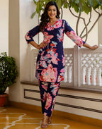 Cotton Blend Printed V-Neck Co-ord Set