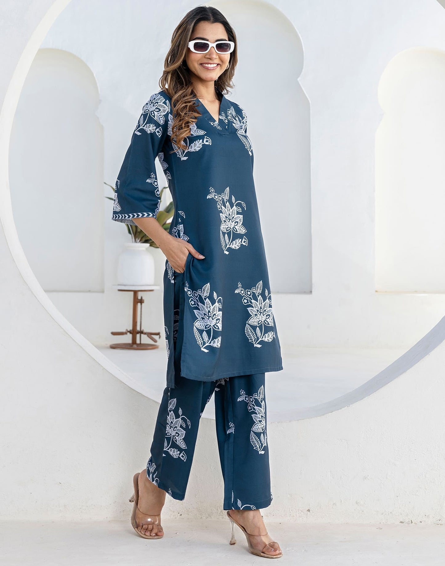 Cotton Blend Printed V-Neck Co-ord Set