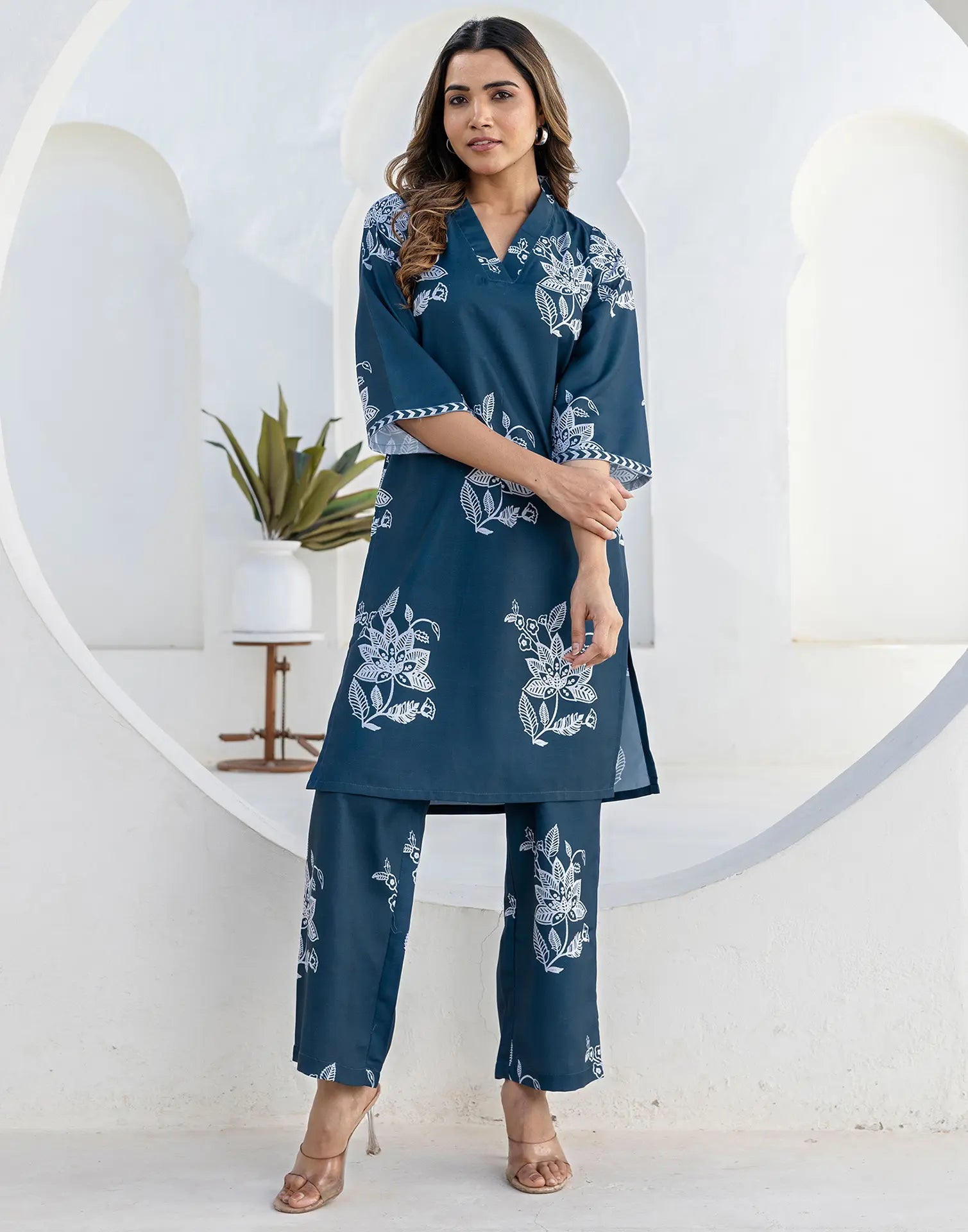 Cotton Blend Printed V-Neck Co-ord Set