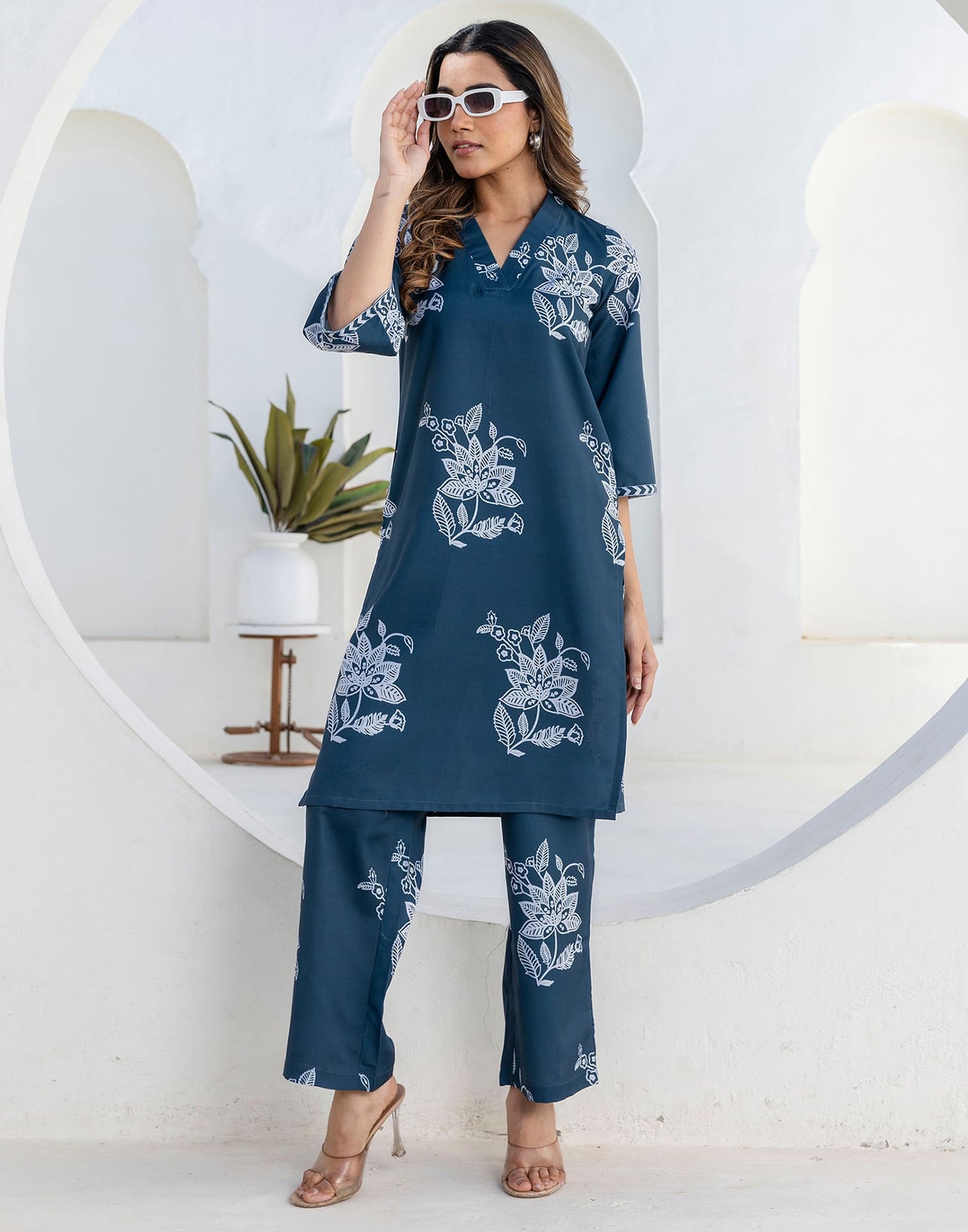 Cotton Blend Printed V-Neck Co-ord Set
