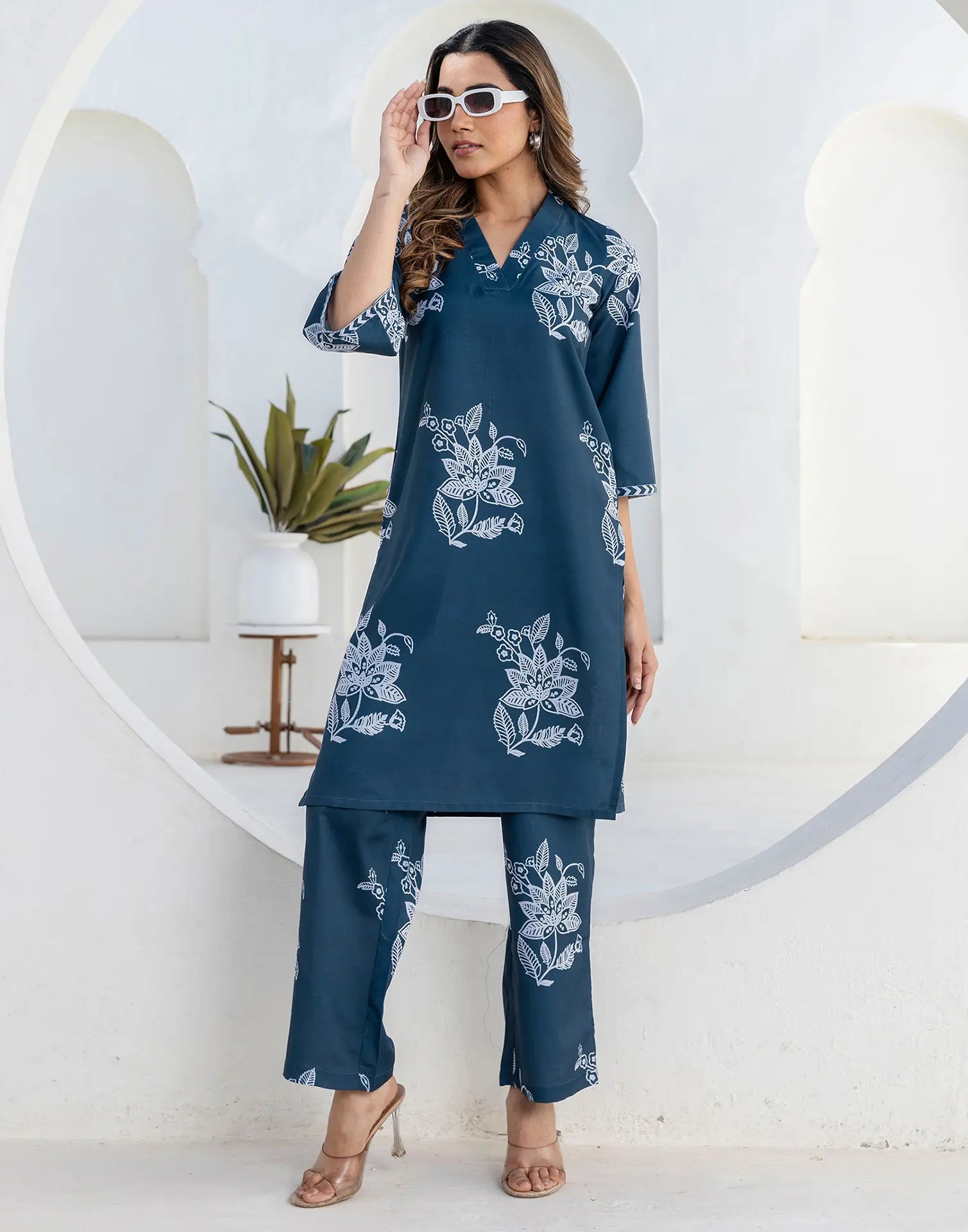 Cotton Blend Printed V-Neck Co-ord Set