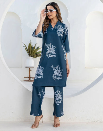 Cotton Blend Printed V-Neck Co-ord Set