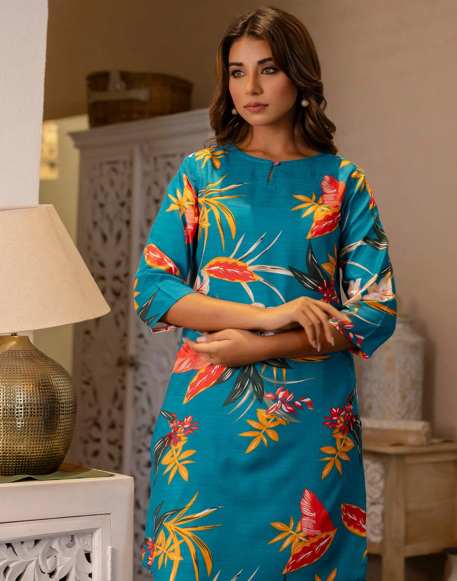 Cotton Blend Printed Round Neck Co-ord Set