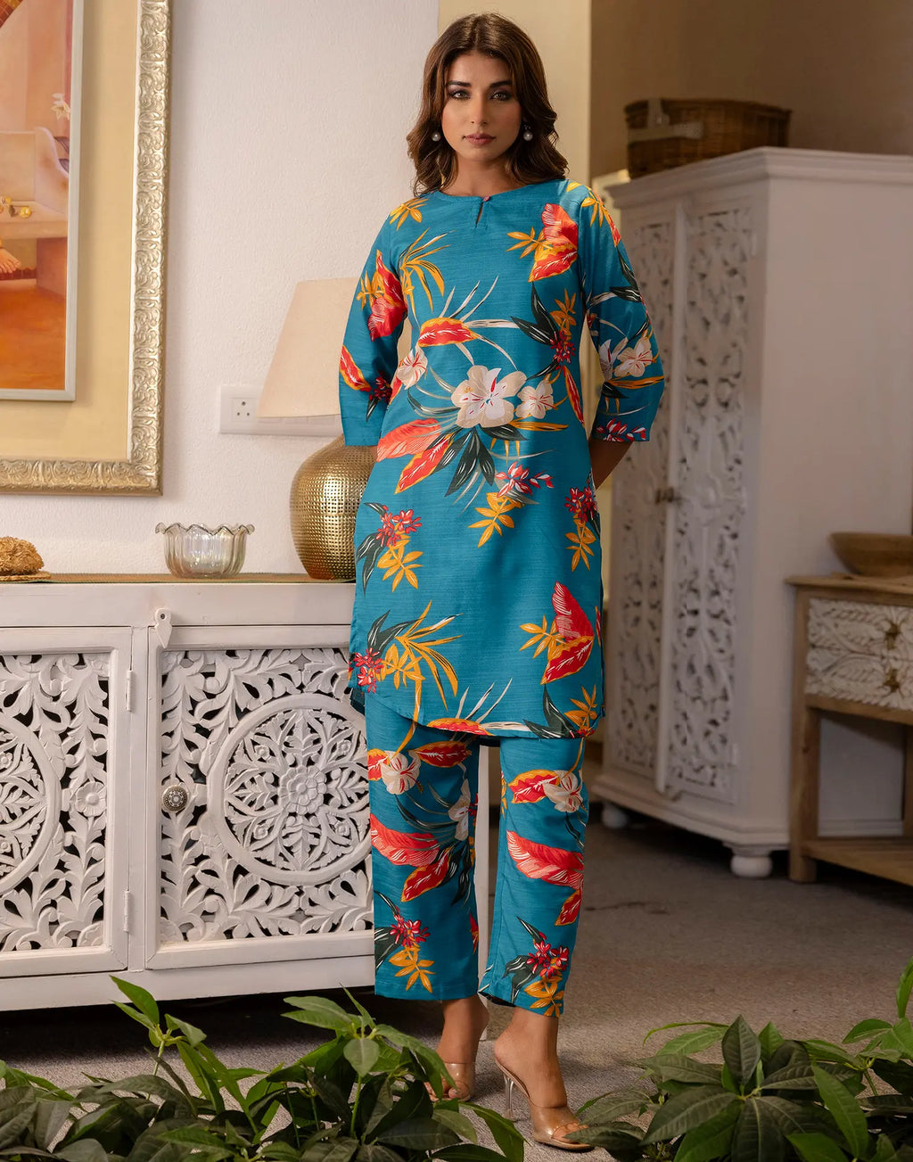 Cotton Blend Printed Round Neck Co-ord Set