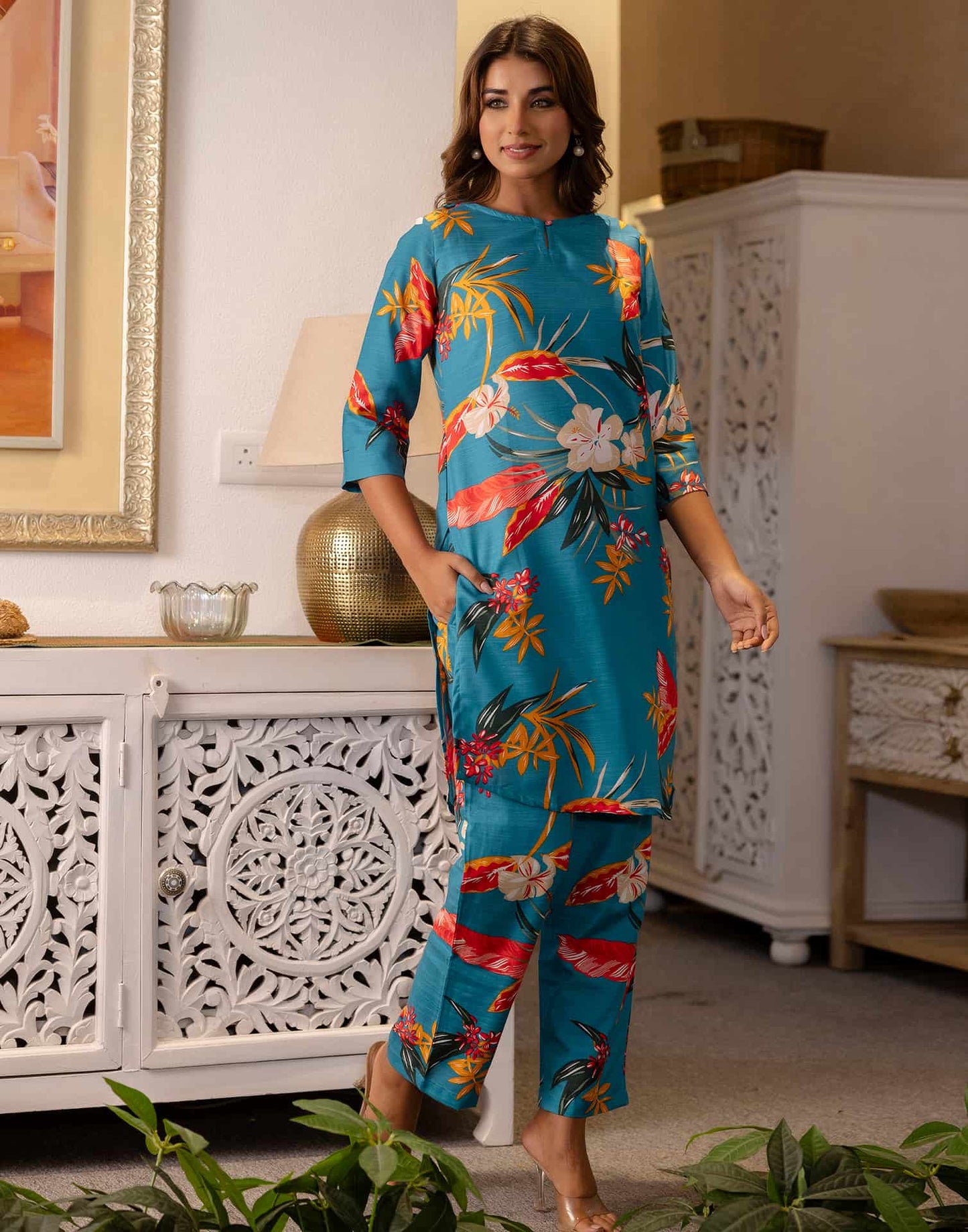 Cotton Blend Printed Round Neck Co-ord Set