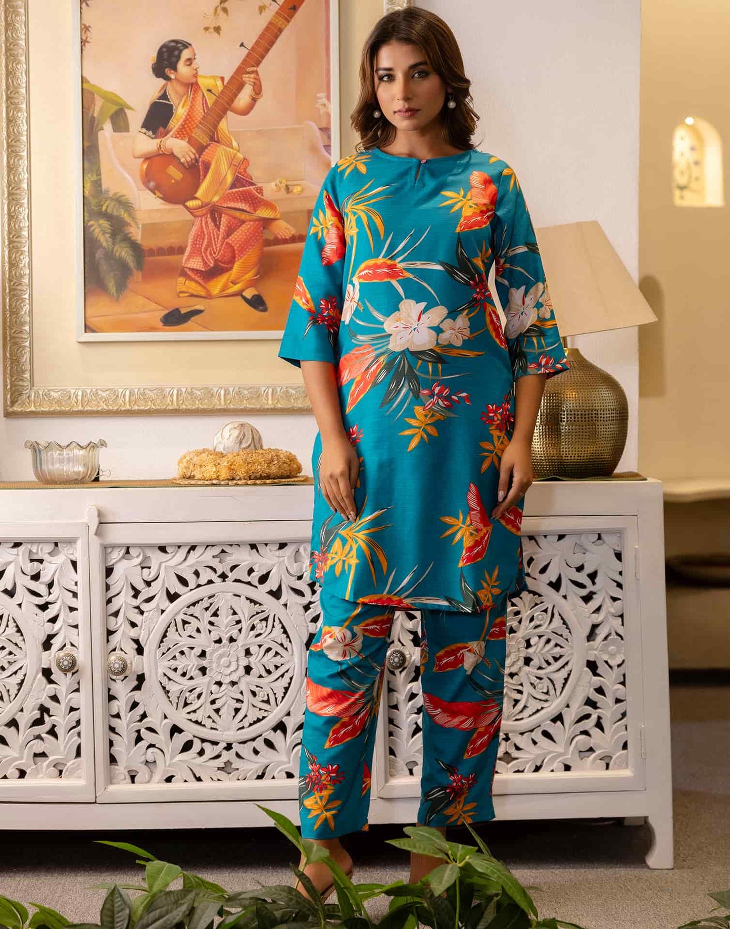 Cotton Blend Printed Round Neck Co-ord Set