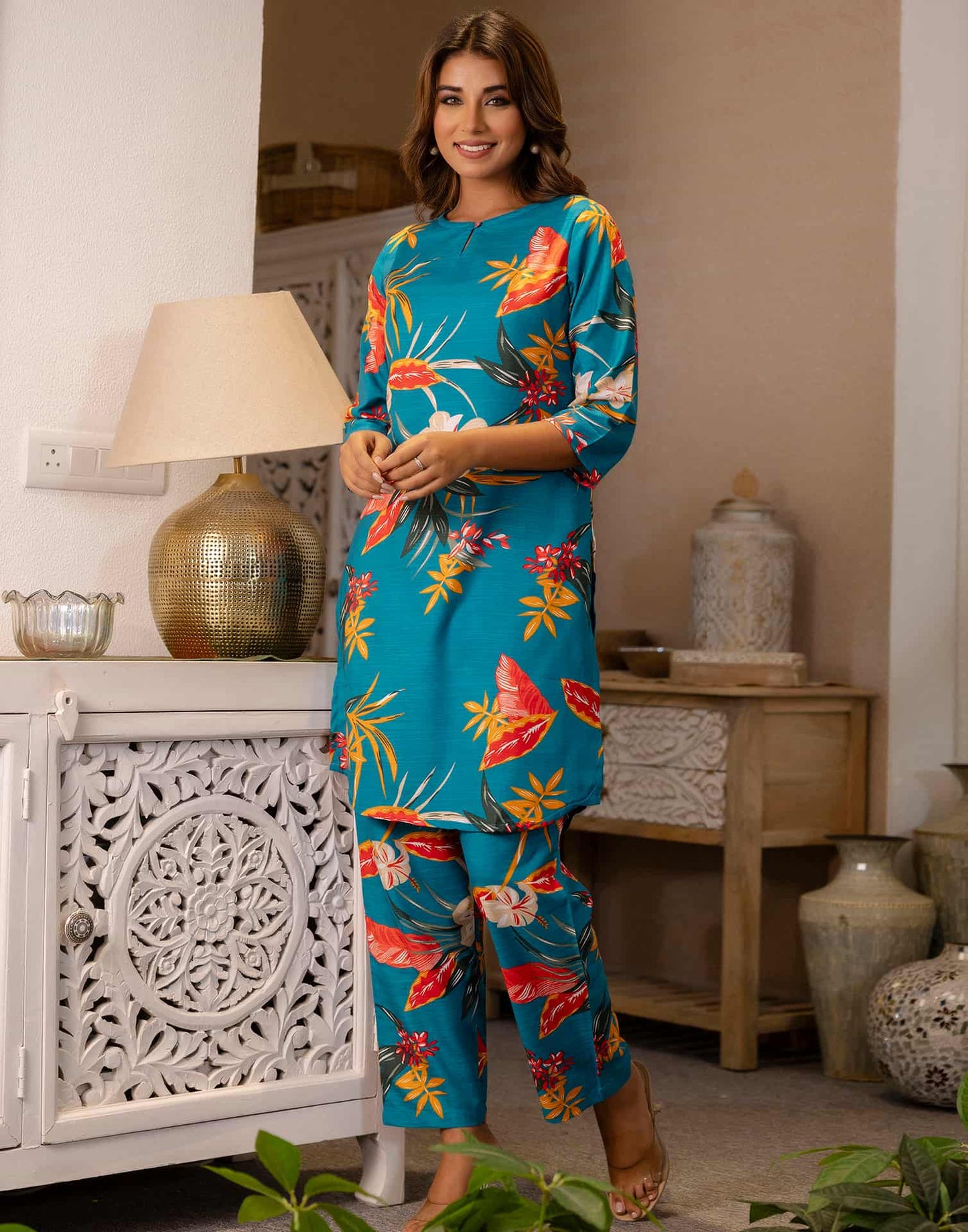 Cotton Blend Printed Round Neck Co-ord Set