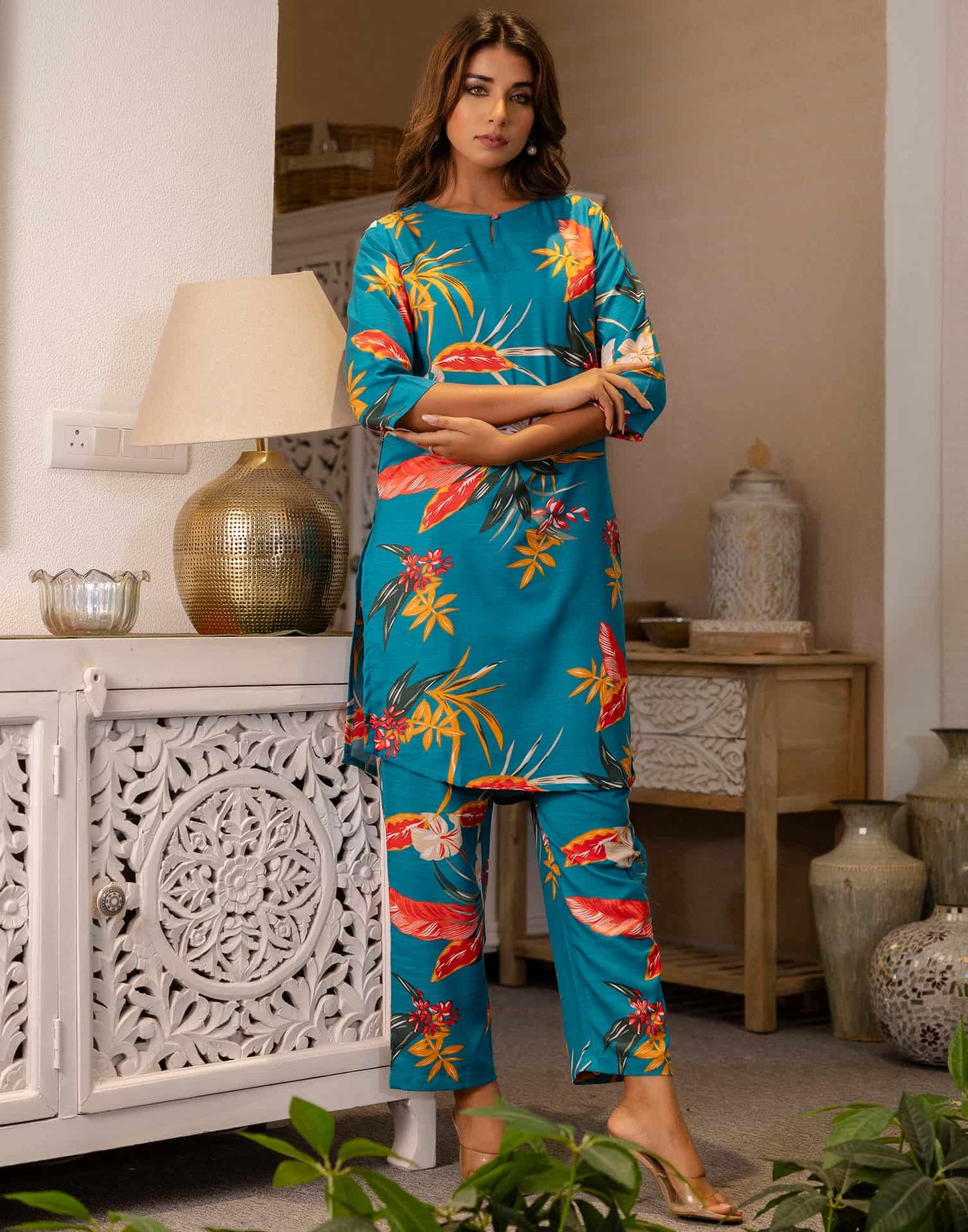 Cotton Blend Printed Round Neck Co-ord Set