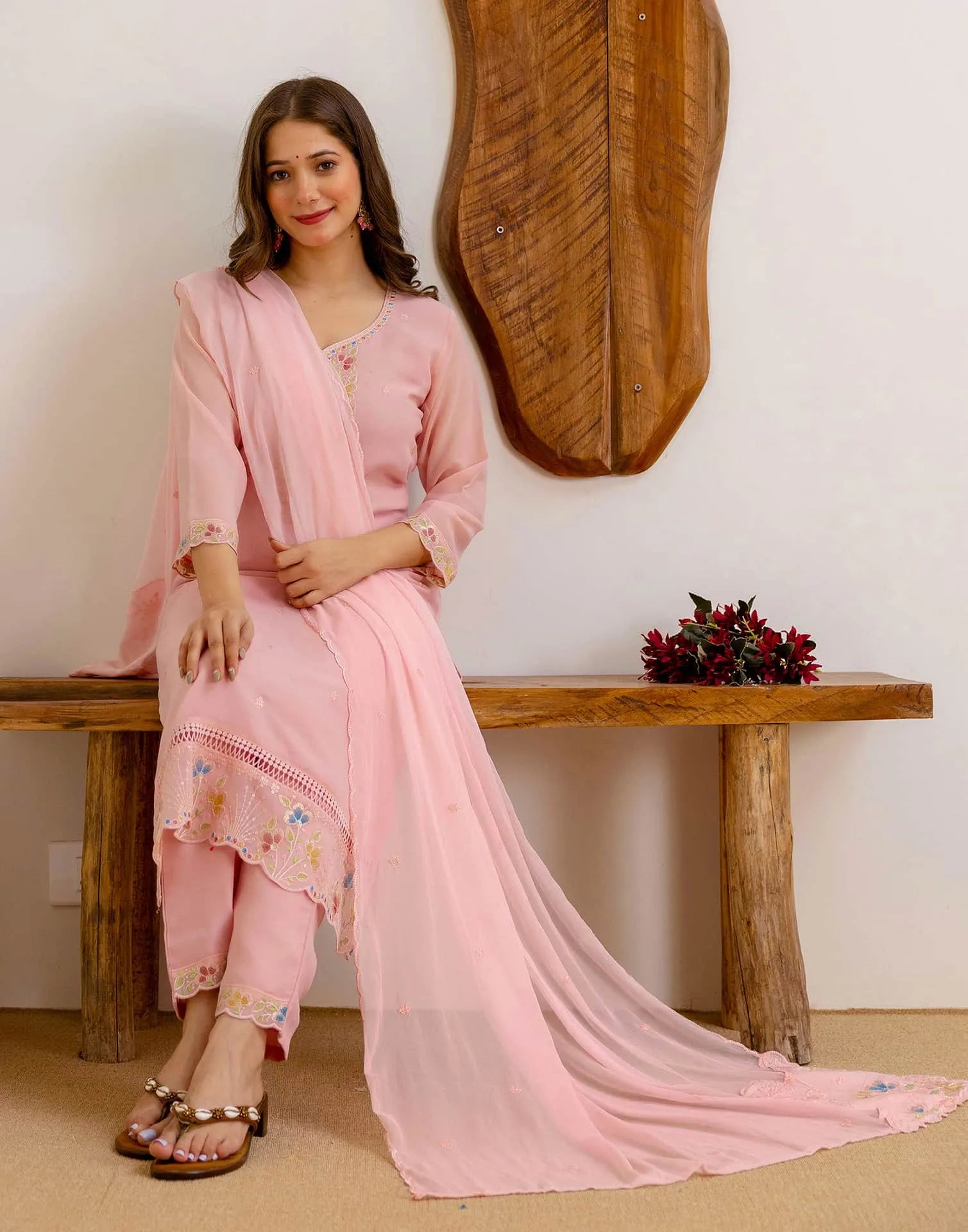 Pink Georgette Embroidered Kurta Set with Pant & Dupatta