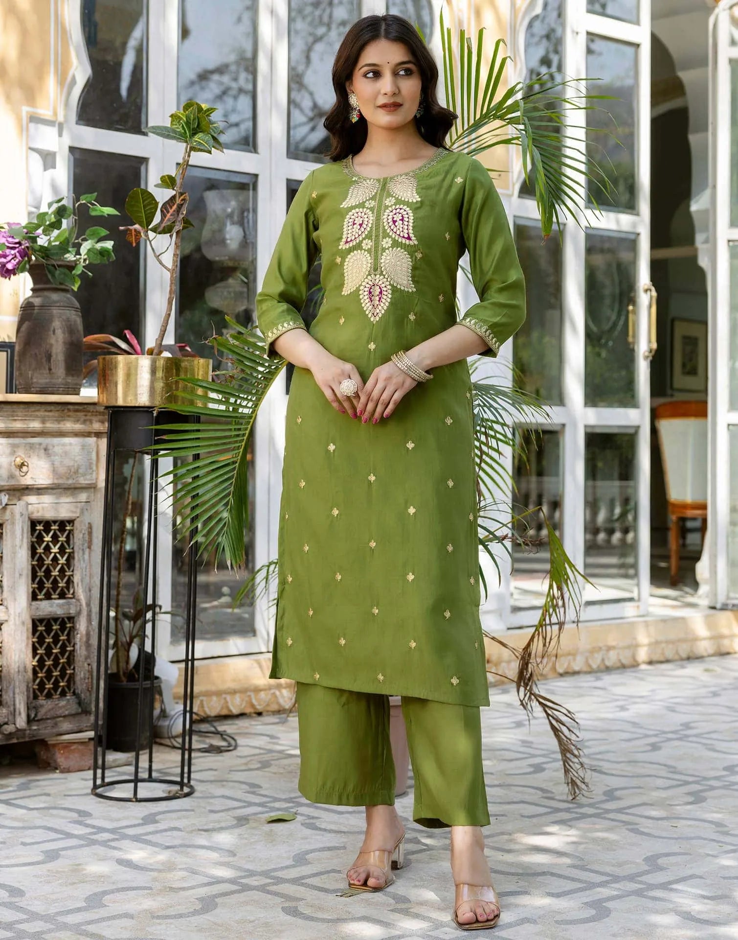 Budget friendly olive green silk embroidered kurta set