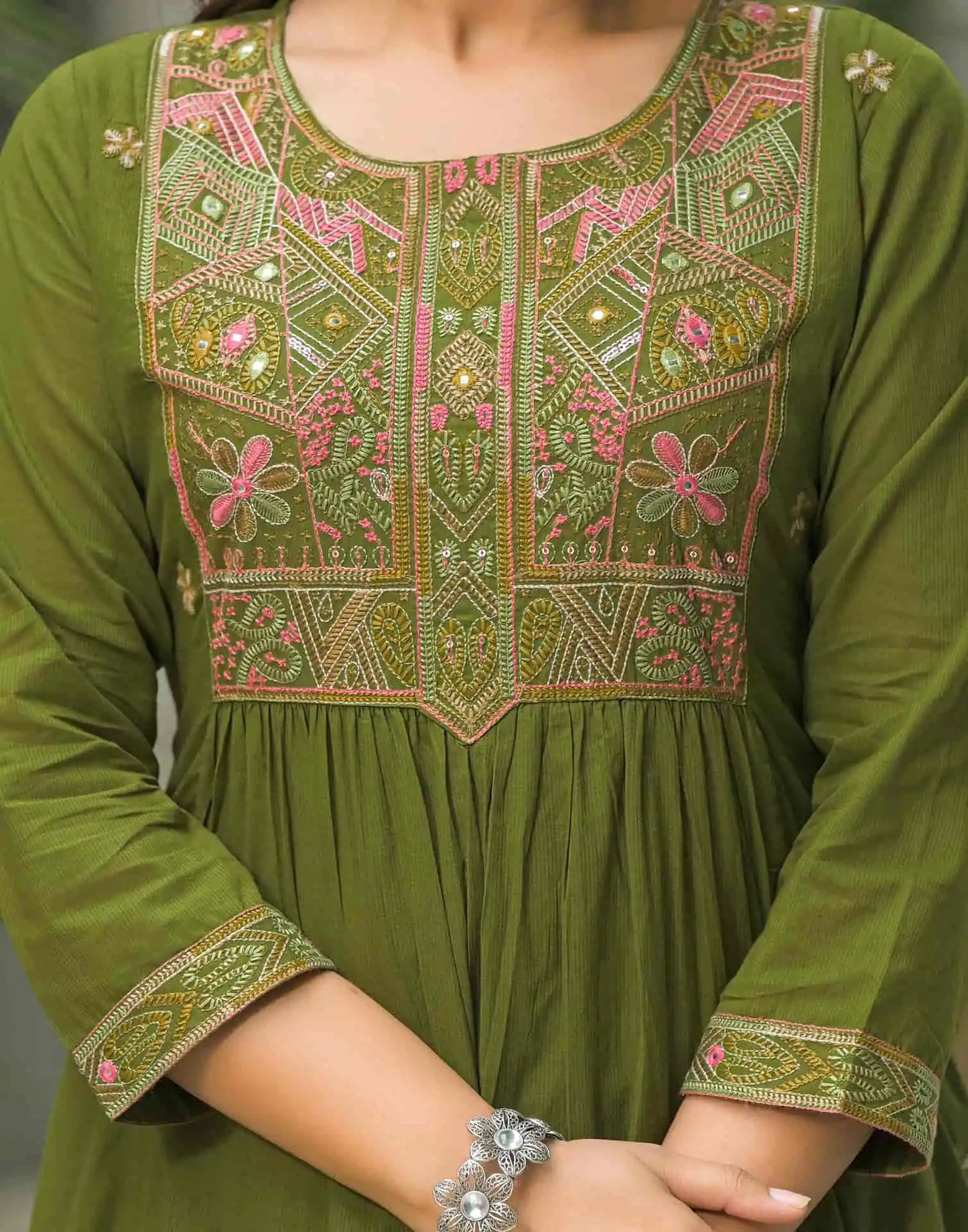 Cotton Embroidered A-line Kurta with Pant & Dupatta