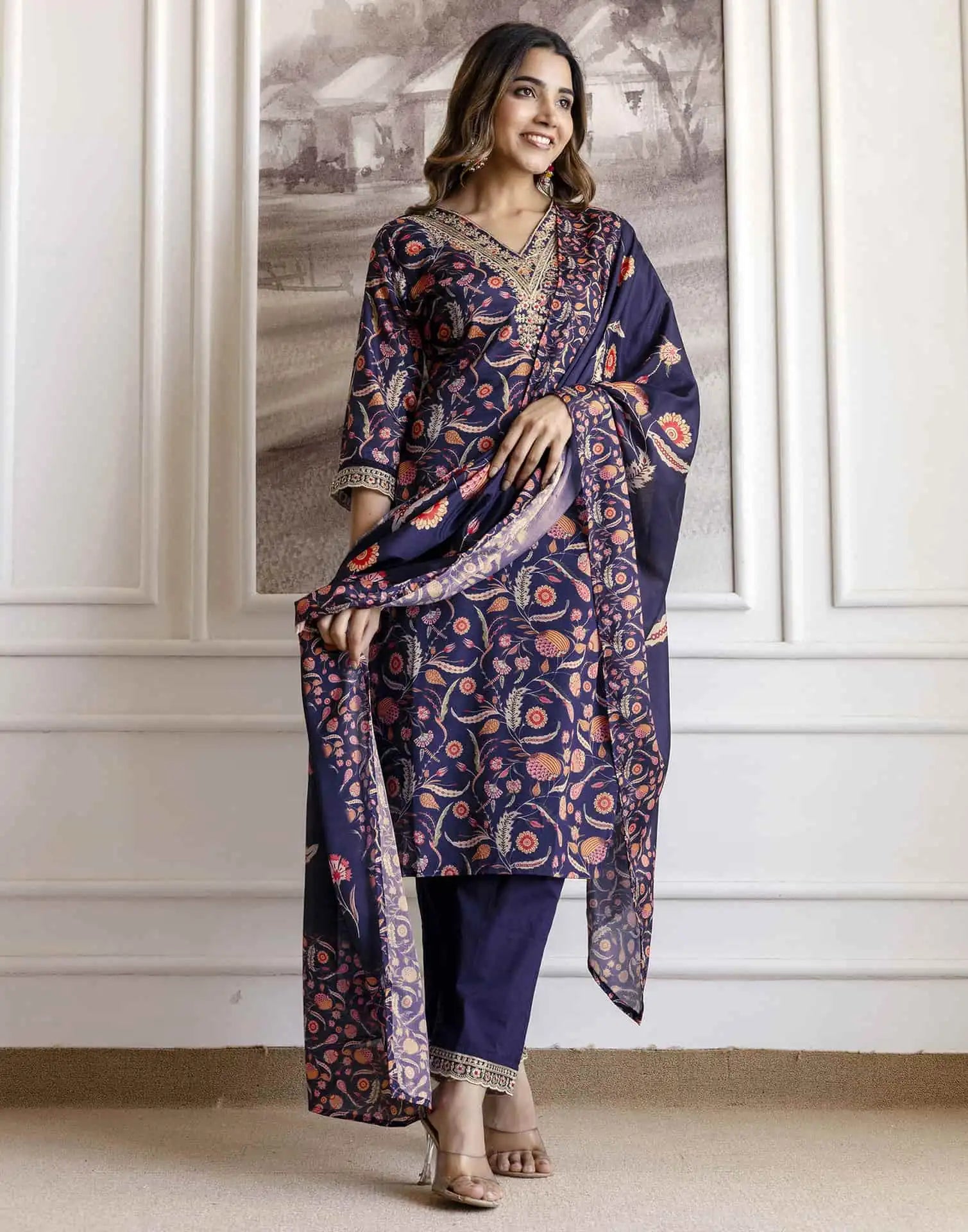 Blue Cotton Printed Straight Kurta Set with Pant & Dupatta for Women under 1299