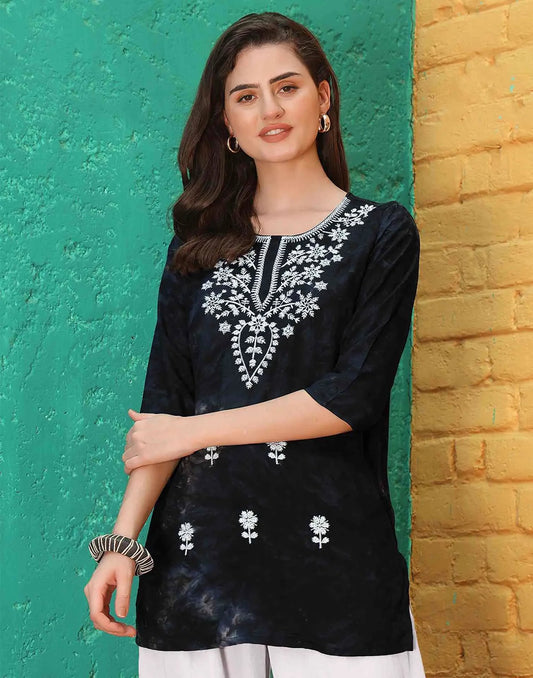 Rayon Chikankari Flared Round Neck Short Kurti