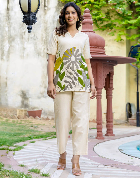 Cotton Printed V-Neck Co-ord Set
