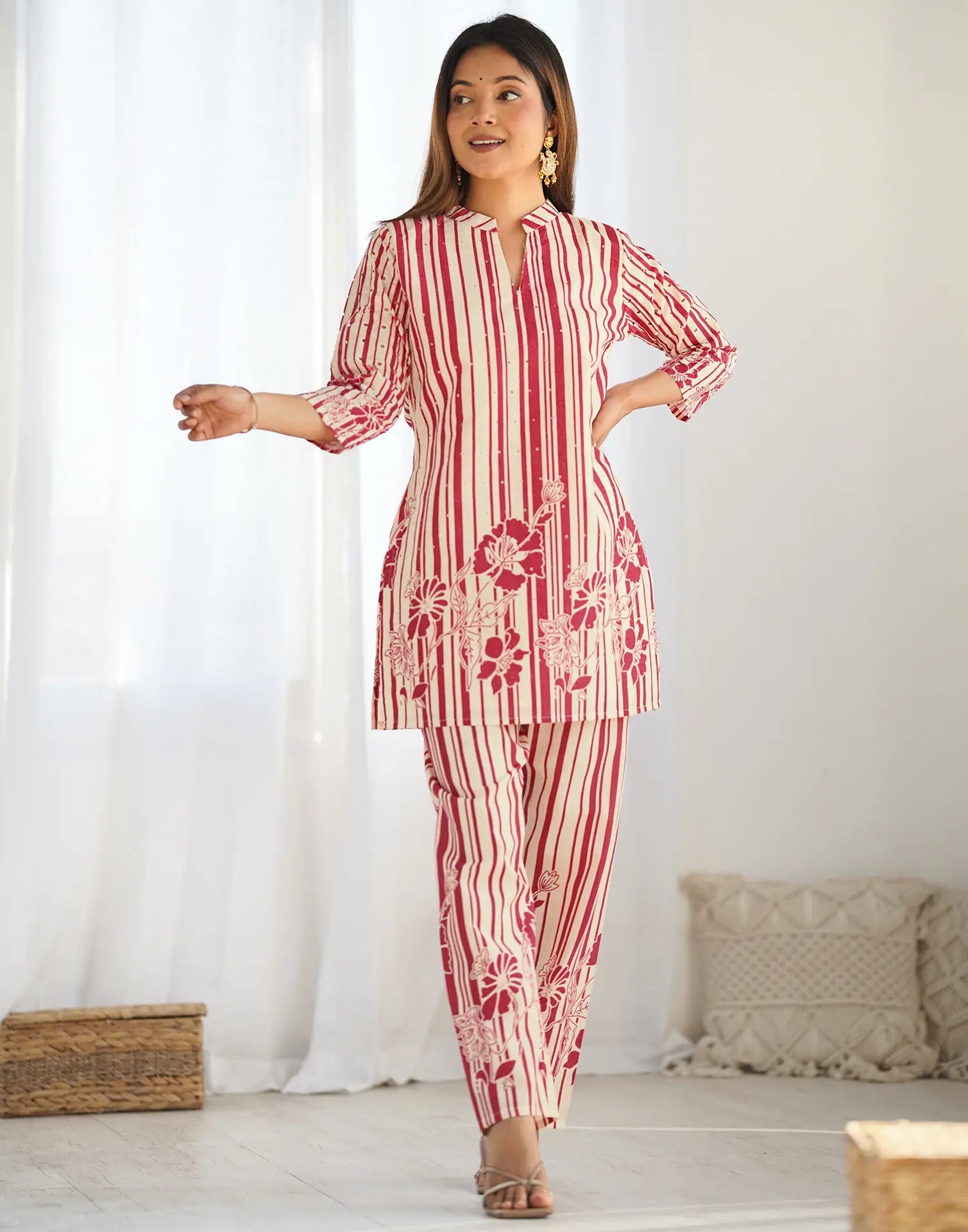 Skylee Cotton Printed Mandarin Collar Co-ord Set For Woman