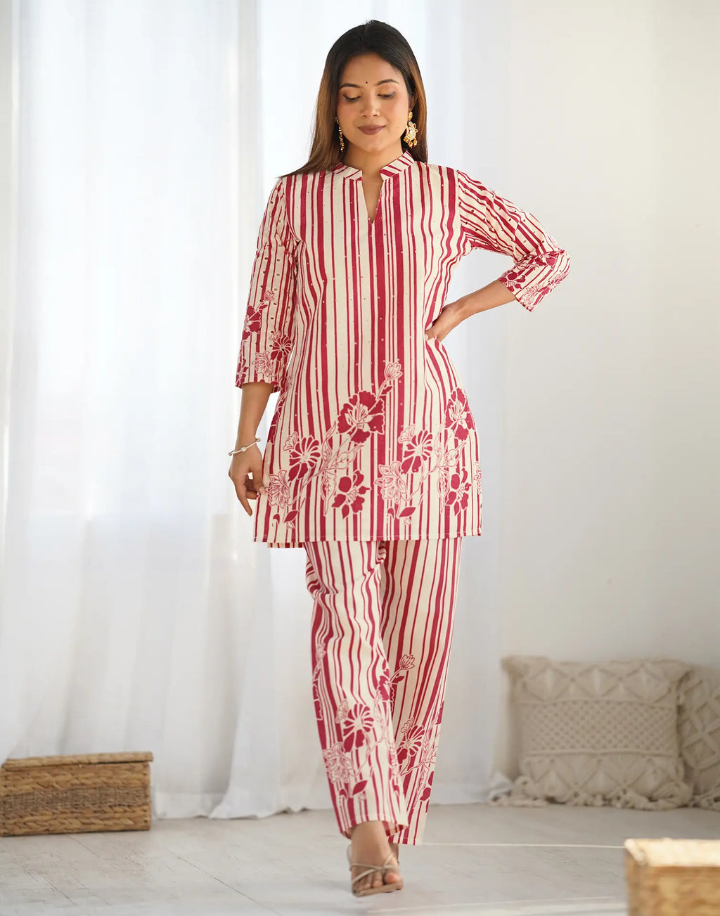 Skylee Cotton Printed Mandarin Collar Co-ord Set For Woman