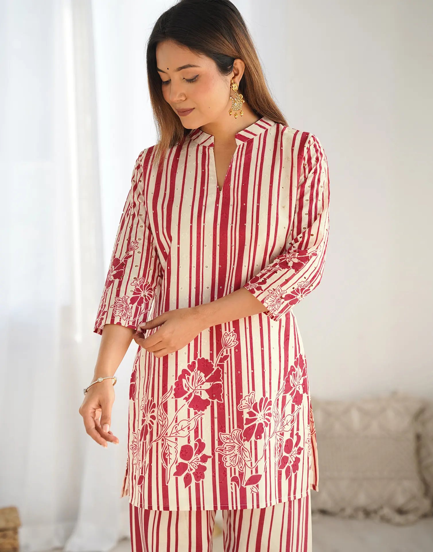 Skylee Cotton Printed Mandarin Collar Co-ord Set For Woman