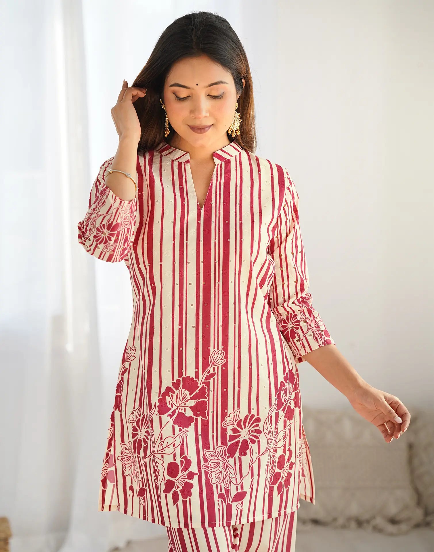 Skylee Cotton Printed Mandarin Collar Co-ord Set For Woman