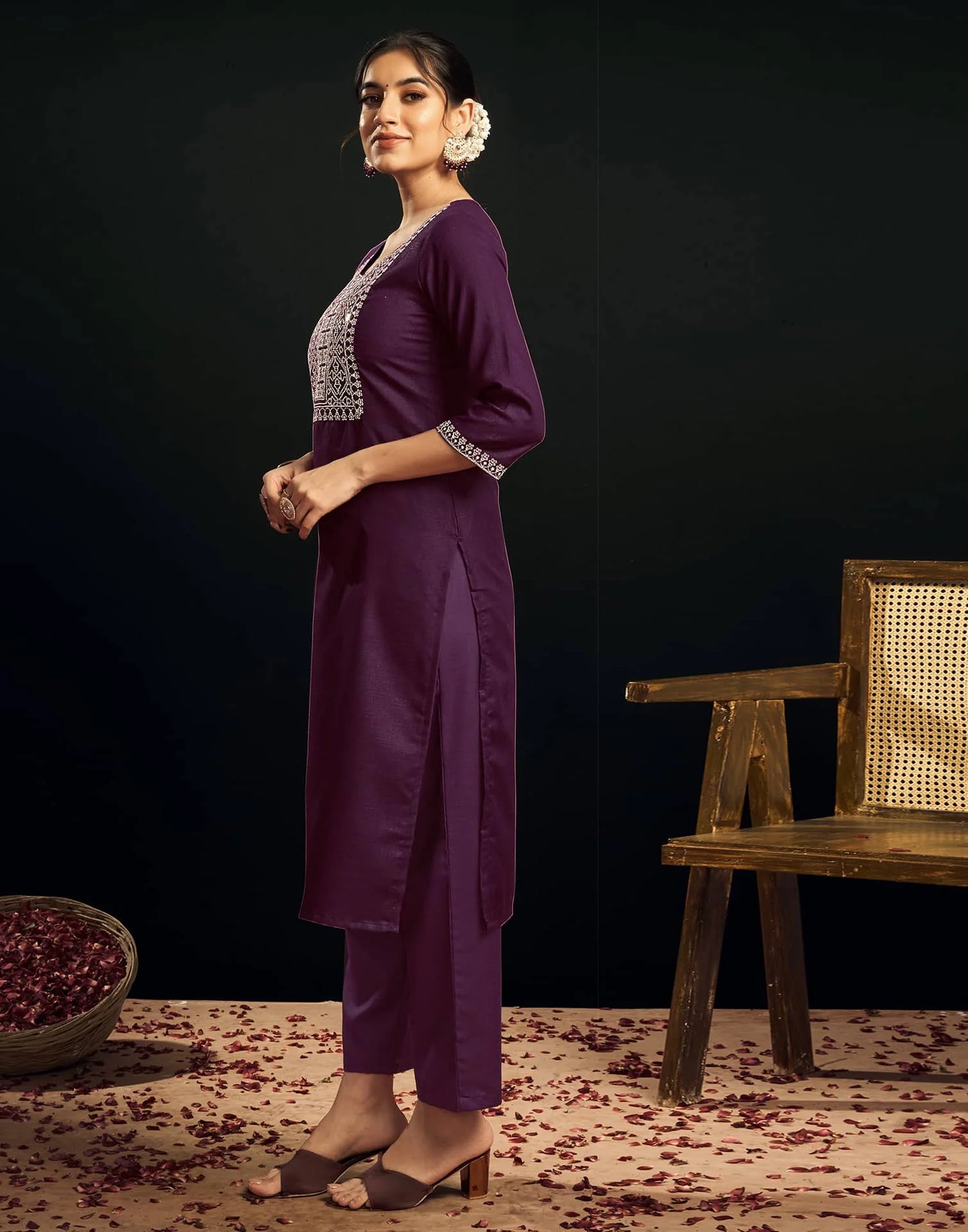Cotton Blend Embroidery and Sequins Work Straight Kurta with Pant & Dupatta