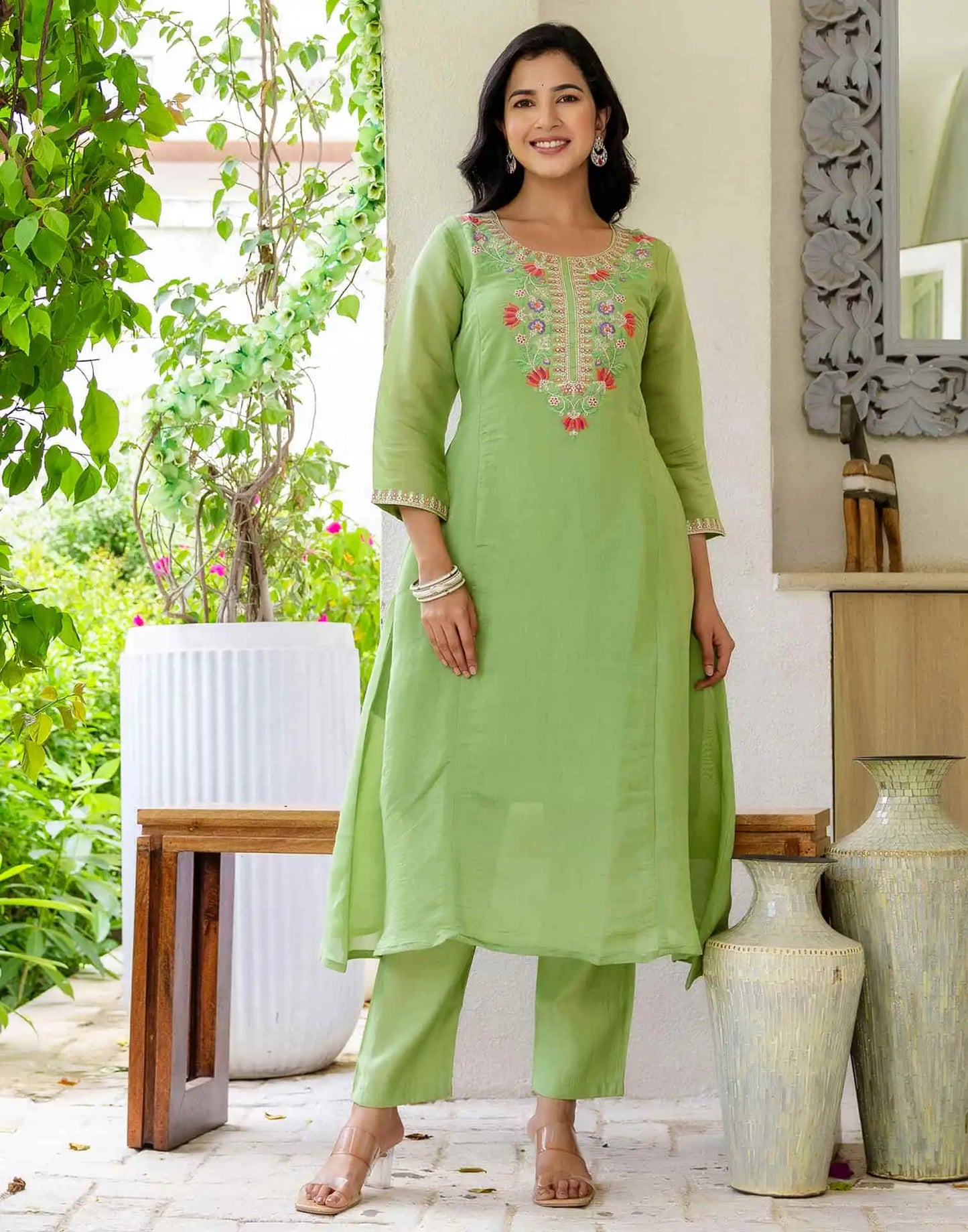 Silk Embroidered A-Line Kurta with Pant & Dupatta