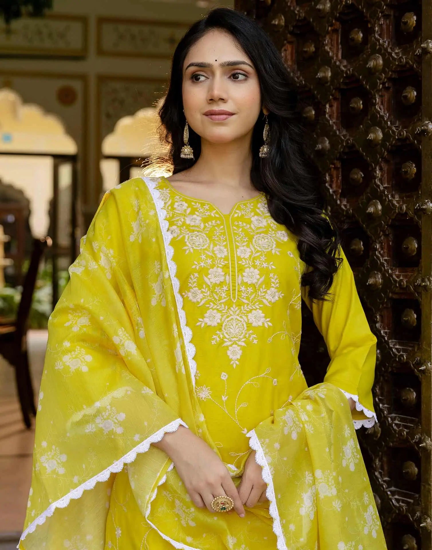 Yellow Cotton Blend Embroidery and Sequins Work Straight Kurta Set for Women