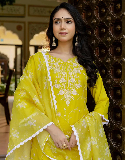 Yellow Cotton Blend Embroidery and Sequins Work Straight Kurta Set for Women