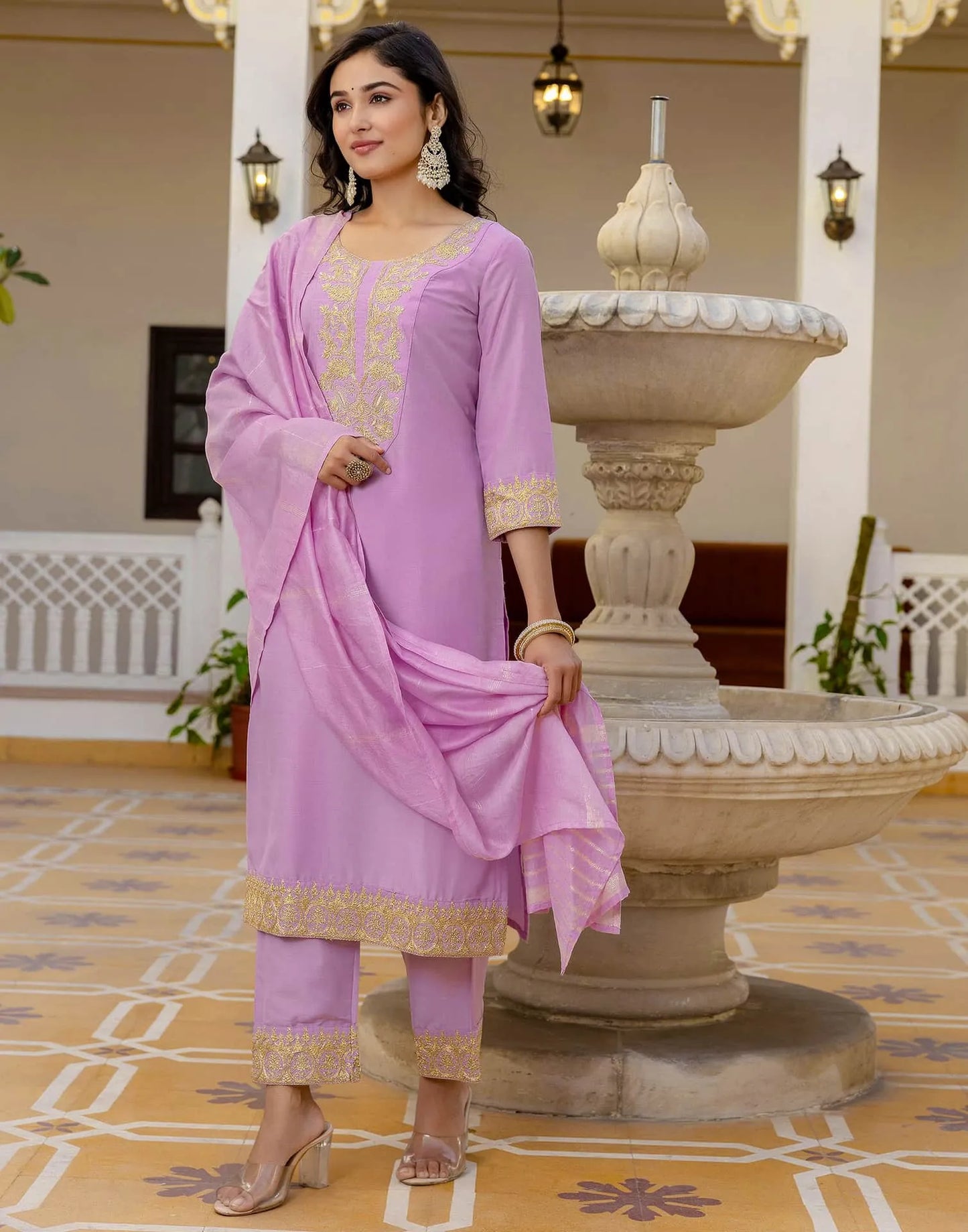 Silk Blend Embroidery Work and Embroidery Lace Straight Kurta with Pant & Dupatta