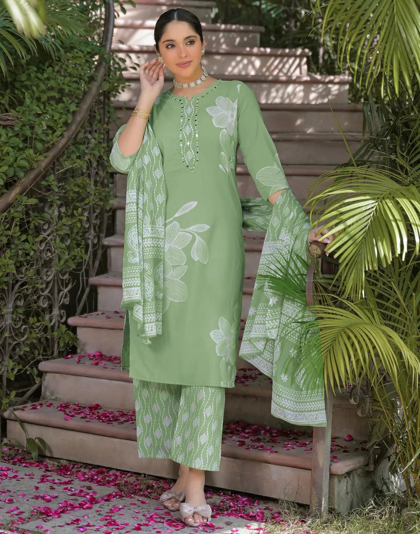 Cotton Printed V-Neck Straight Kurta with Pant & Dupatta