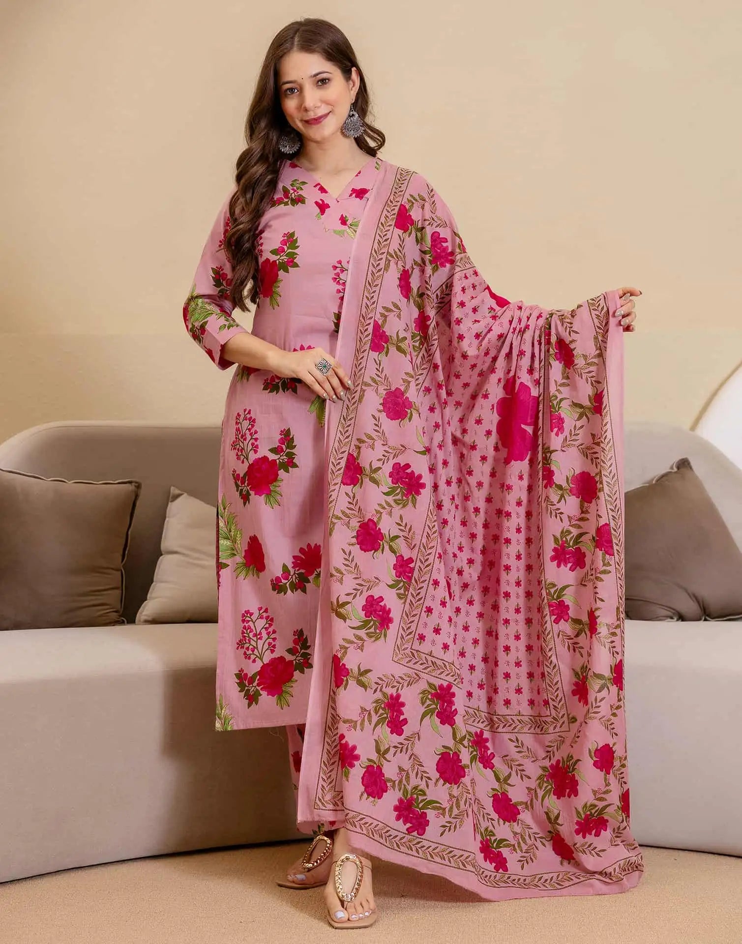Cotton Floral Printed Straight Kurta with Pant and Dupatta for Women