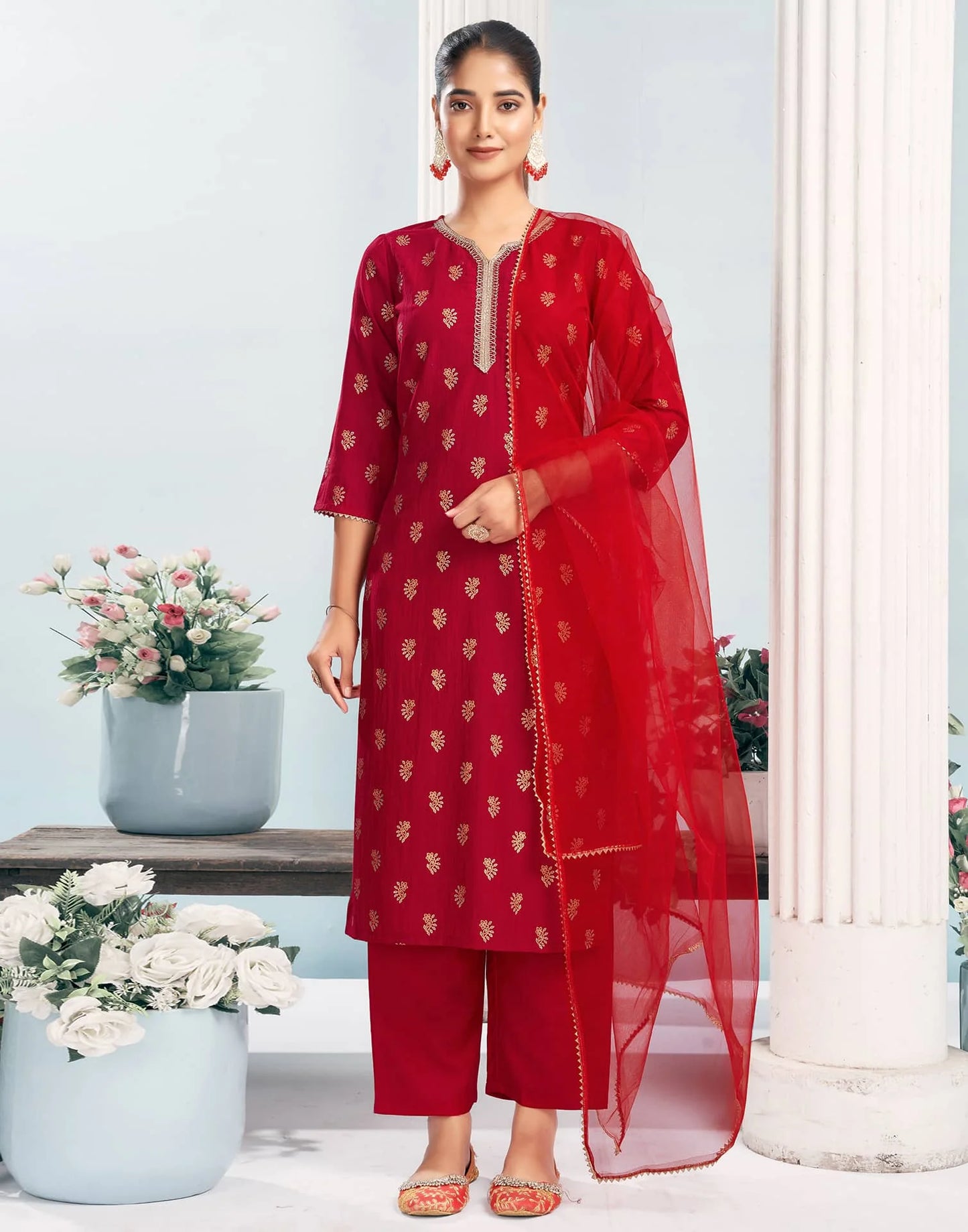 Silk Blend Dyed, Foil Print and Lace Straight Kurta with Pant & Dupatta