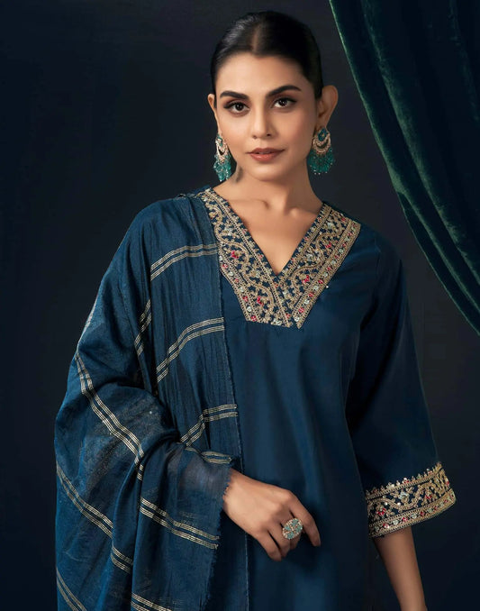 Affordable Rama Blue Chanderi Embroidered Festive Kurta Set 